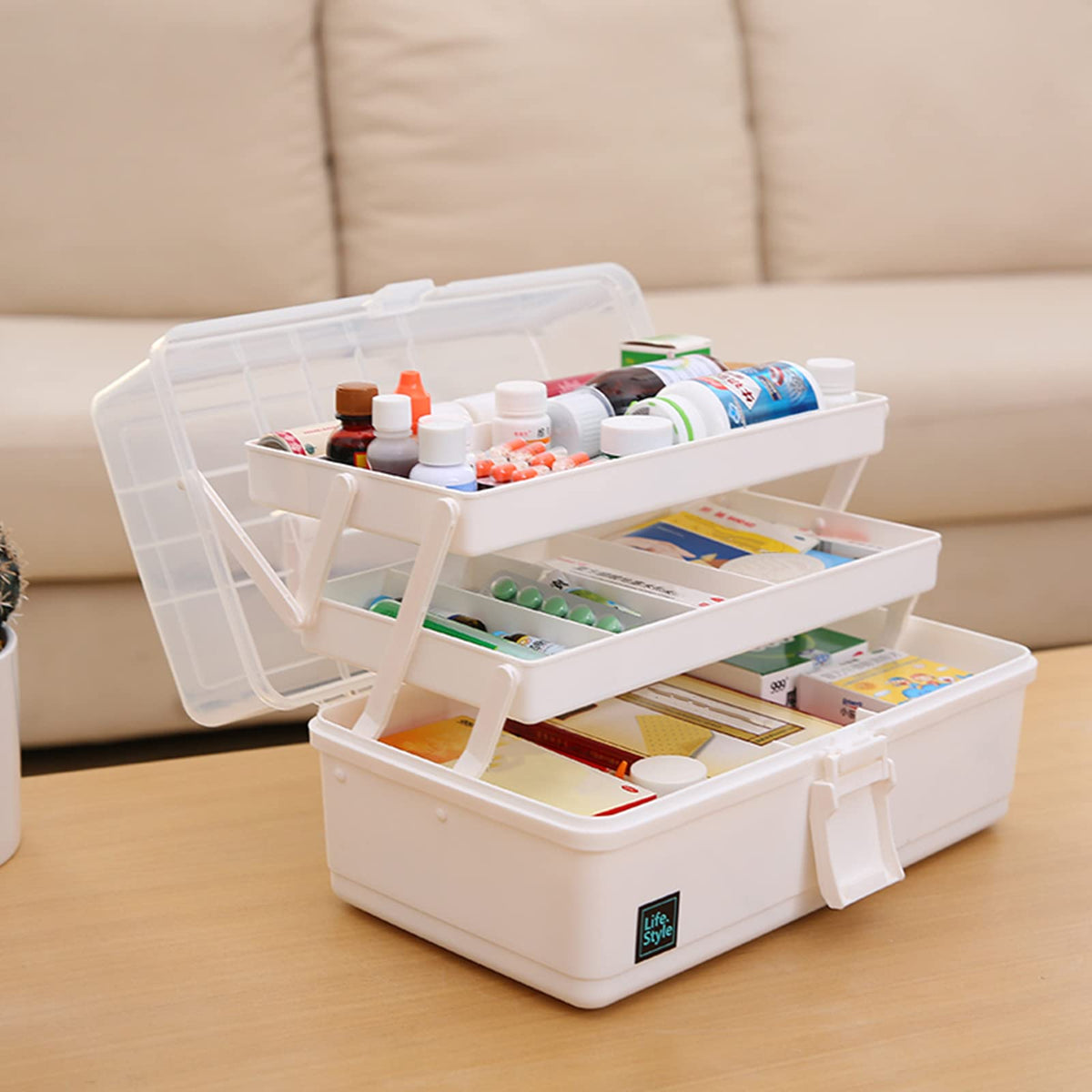 Creahaus 34cm Art Craft Organizer Storage Box with 3 Layers, Multifunctional Plastic Tool Box with Handle for Sewing, Makeup, Medicine, Nail, Hair Accessories (White)