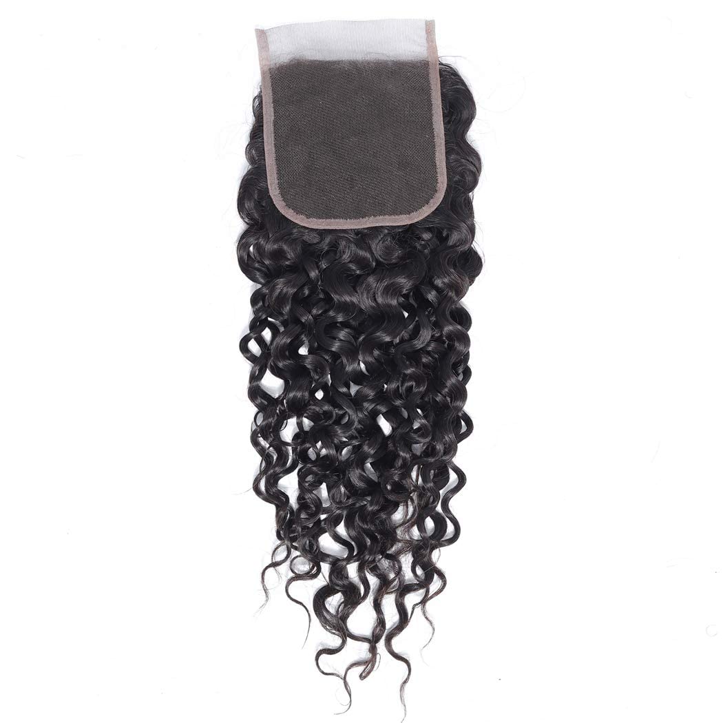 Brazilian Virgin Human Hair Water Wave 4x4 Lace Closure Free Part 14 Inch 100% Unprocessed Virgin Wet And Wavy Human Hair Transparent Lace Closure Natural Black Color