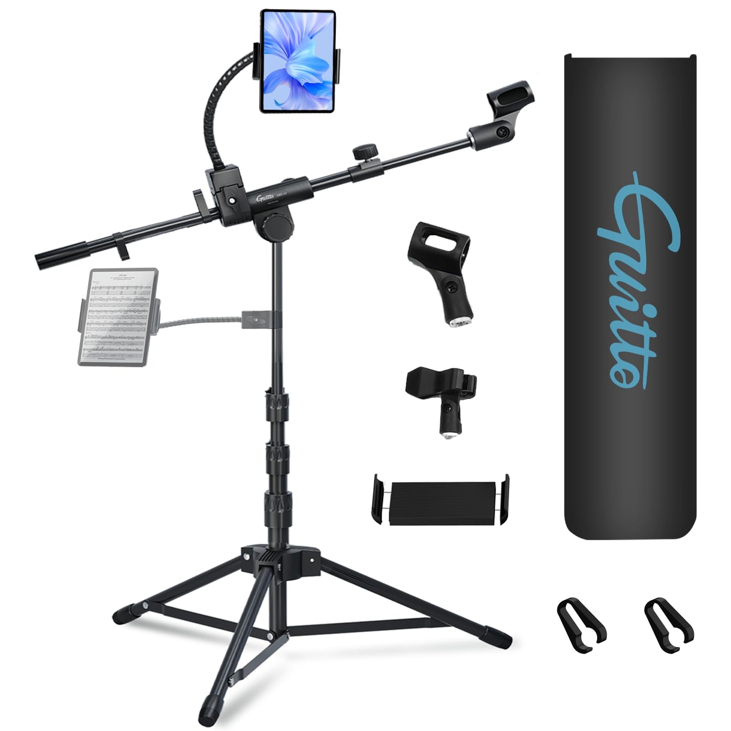 GUITTO Microphone Stand Floor with Phone/Tablet Holder, Adjustable Boom Mic Stand with Heavy-Duty Base, Dual Device Mount for Streaming, Podcasting, Recording, and Live Performances GMS-04