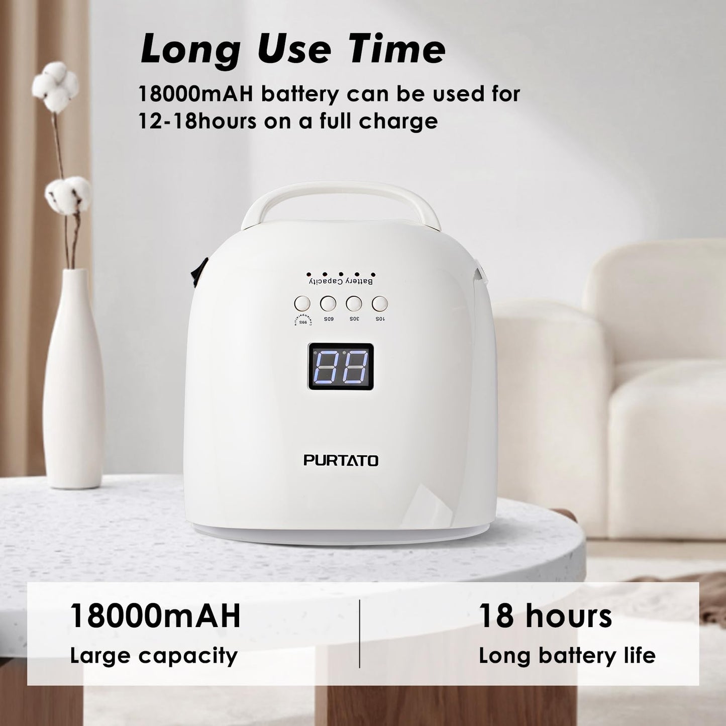 Purtato Professional Rechargeable UV LED Nail Lamp with 4 Timer Setting and 18000mAH Long Battery Life Nail Dryer JC22 (White)