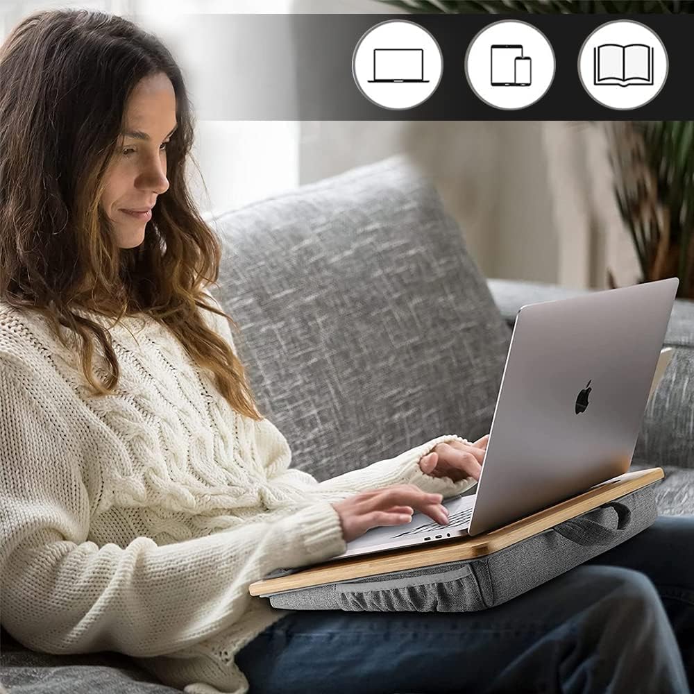 Lap Desk Laptop Tray with Cushion Portable Bed Tray Desk, Ergonomic Design Adjustable Angle Lap Desk with Tablet Phone Holder, for Home Office, Sofa, Bed, Couch and car. Bamboo Cushioned Laptop Tray