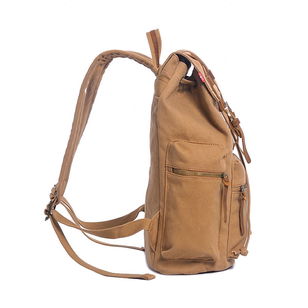 Koolehaoda Vintage Canvas Backpack Leather Rucksack Knapsack Unisex Casual Backpack 17inch Laptop Backpack Hiking Bag(L Khaki)