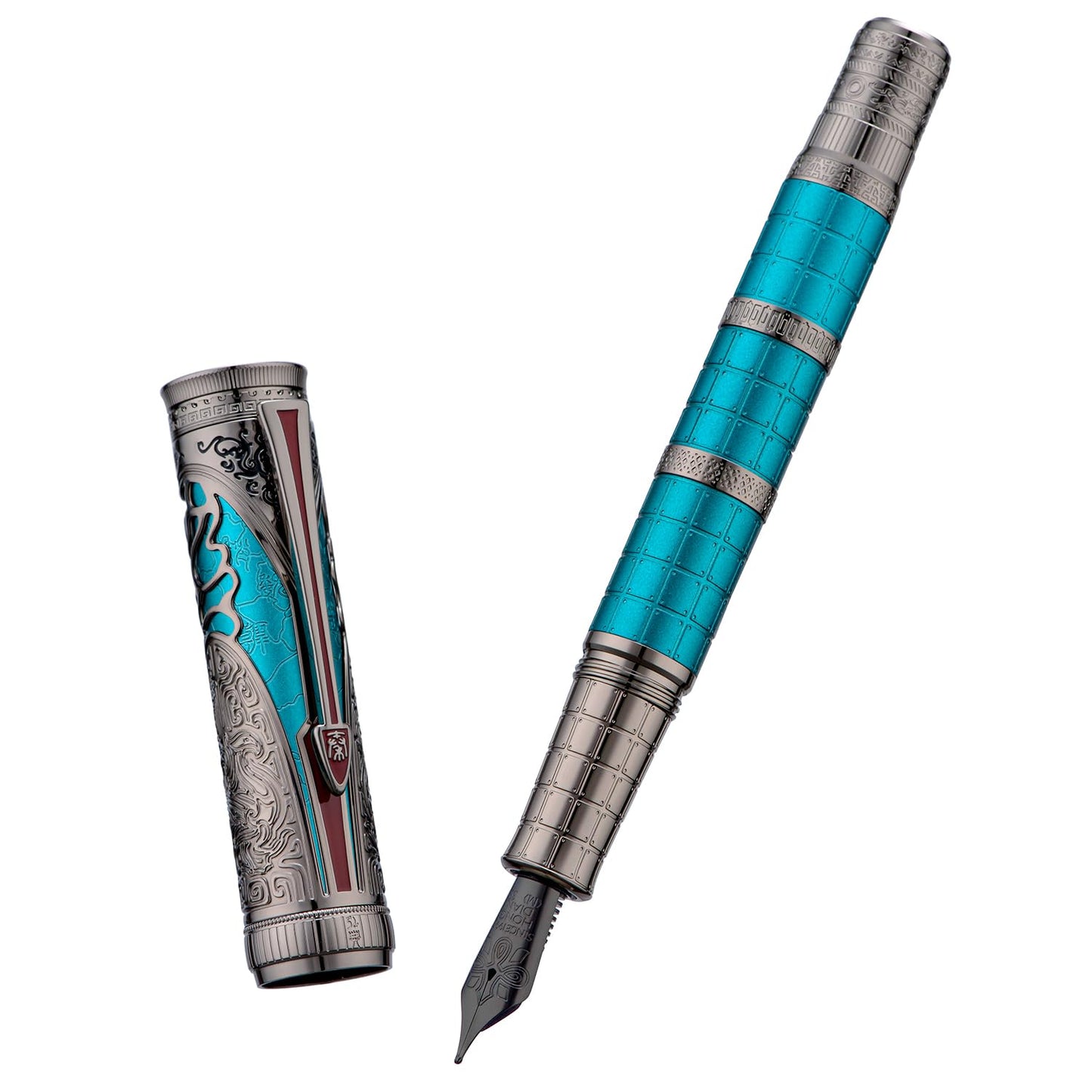 Hongdian D5X Fountain Pen Turquoise Color Medium Nib, Qin Dynasty Retro Chinese Totem Engraving Smooth Writing Pen with Converter and Pen Box Set