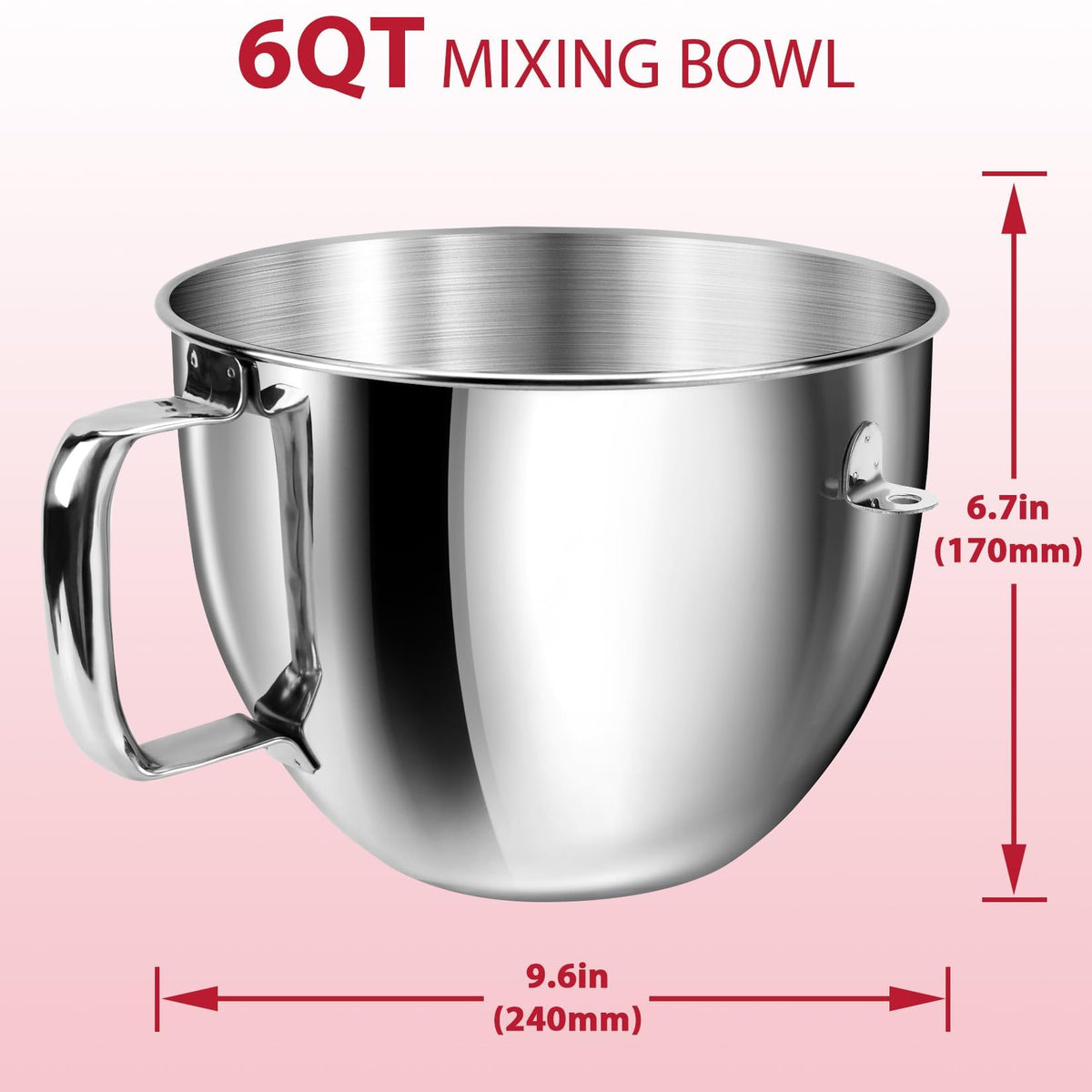 6QT Mixer Bowl with Handle Compatible with KitchenAid Bowl Lift Stand Mixers KD2661, KL26M, KP26M1, KP26M8, KP26N9, KV25G. Food Grade Stainless Steel for 6QT Kitchen Aid Lift Mixers Dishwasher Safe