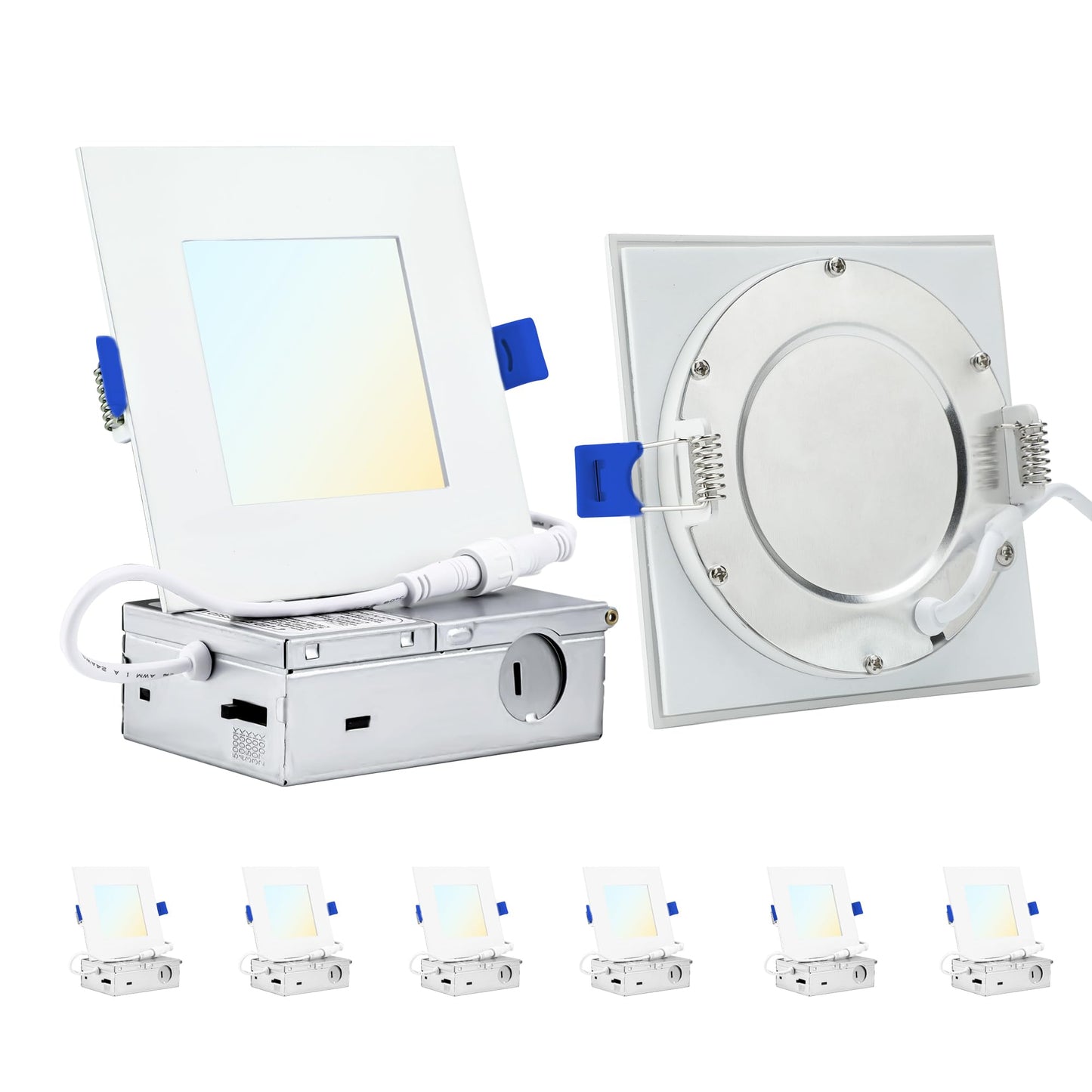 INCARLED 4 Inch Square LED Slim Pot Lights with Round Cutout, 6Pack 750LM 9W, 5CCT Dimmable Recessed Ceiling Lighting with Junction Box,2700K-5000K Selectable