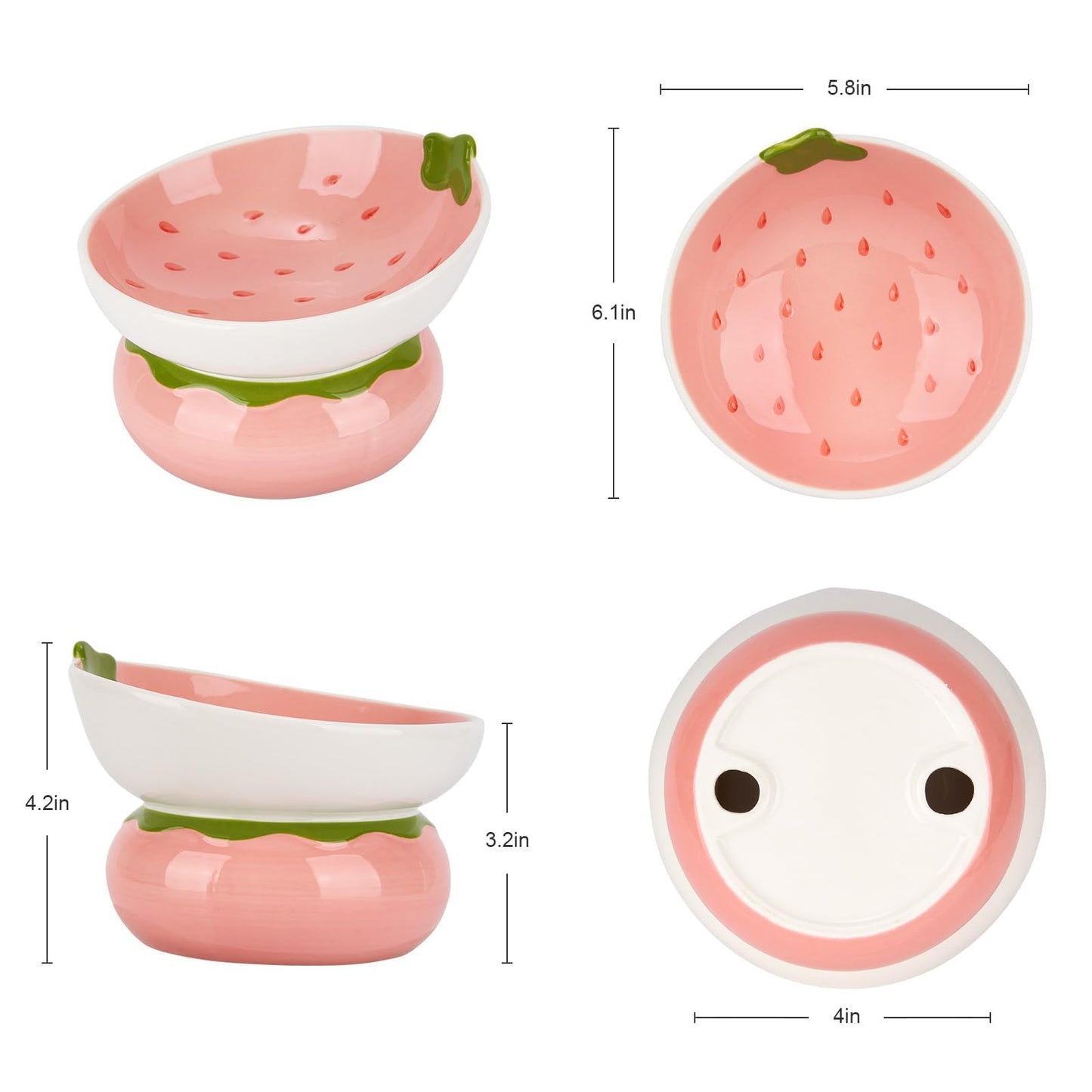 2PCS Tilted Elevated Cat Food Bowl Raised Ceramic Cat Bowl Anti Vomiting Shallow Cat Feeding Bowls Wide Cat Bowls Whisker Friendly High Cat Dish Microwave and Dishwasher Safe (Strawberry + Orange)