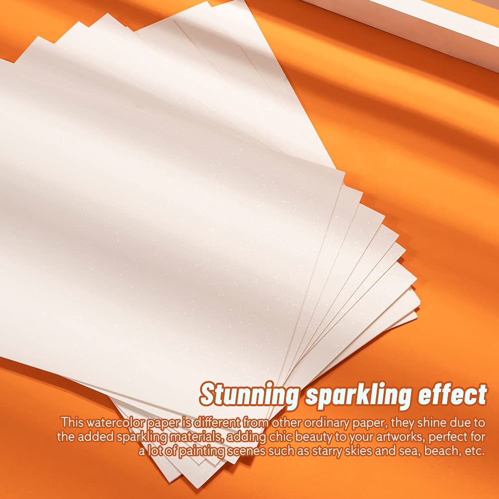 2 Pack of Paul Rubens Hand-made Watercolor Paper Cold Press, 100% Cotton Rag with Glitter Sparkling Effect, Acid-Free Paper 140lb/300gsm, 10.63“ x 7.67” for Wet & Dry Mixed Media, 20 Sheets * 2