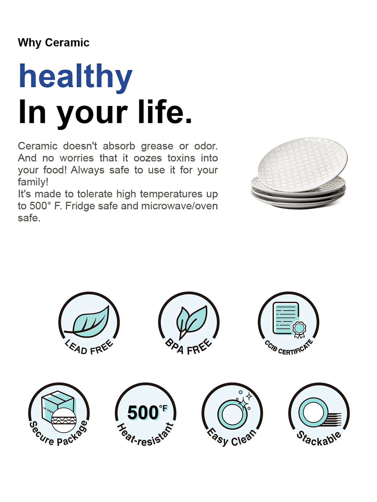 LE TAUCI Dinner Plates 10 Inch, Ceramic Dish Set for Kitchen, Embossed Serving Dish, Microwave Oven Dishwasher Safe, for Housewarming or Wedding - Set of 4, Arctic White