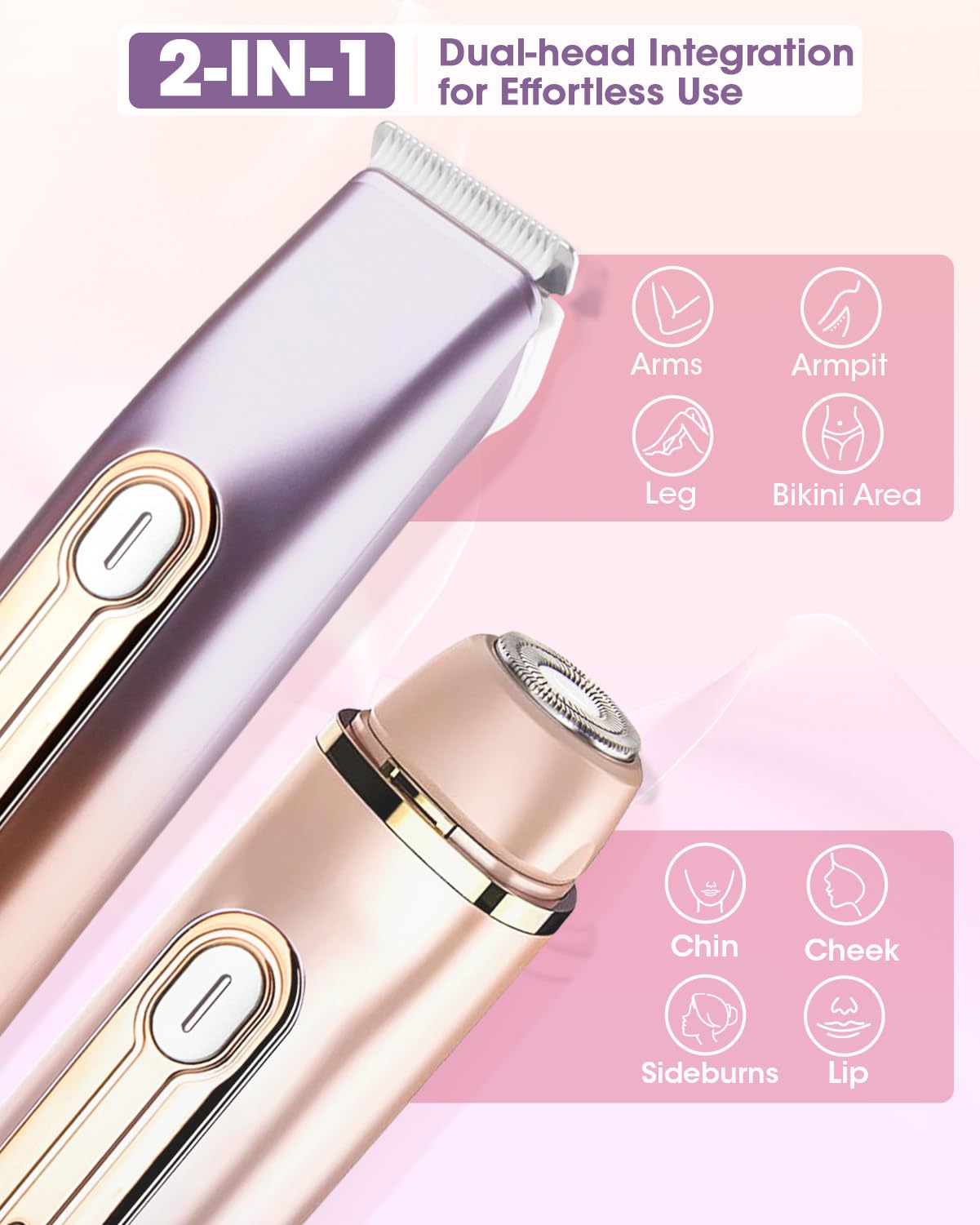 Bikini Trimmer Women, 2 in 1 Women's Electric Shaver, Dual Head Shaver, Electric Razor for Women Pubic Hair/Legs/Arms/Armpit/Face (Dazzling Purple)