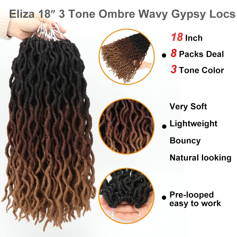 Eliza Wavy Gypsy Locs Ombre Crochet Hair 18" 8Packs/Lot Goddess Locs 100% Kanekalon Fiber Faux Locs African Roots Dreadlocs Synthetic Braiding Hair Extensions for Black Women(18",OM3T30/27)