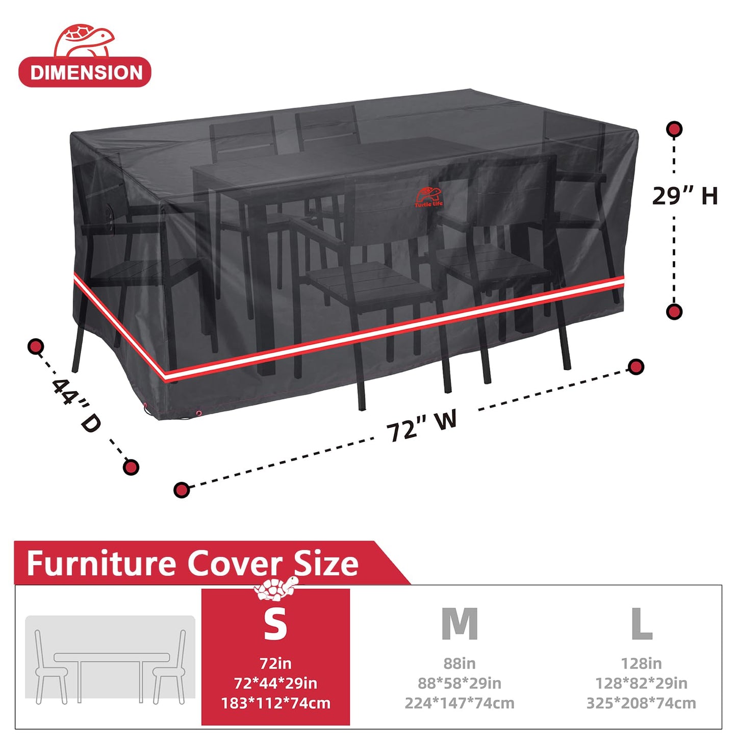 Turtle Life Patio Furniture Set Cover, Rectangular Durable Water Resistant Outdoor UV Resistant Anti-Fading Dining Table Chairs Cover with Metal Support and Upgrade Air Vent, Black, 72x44x29 inch