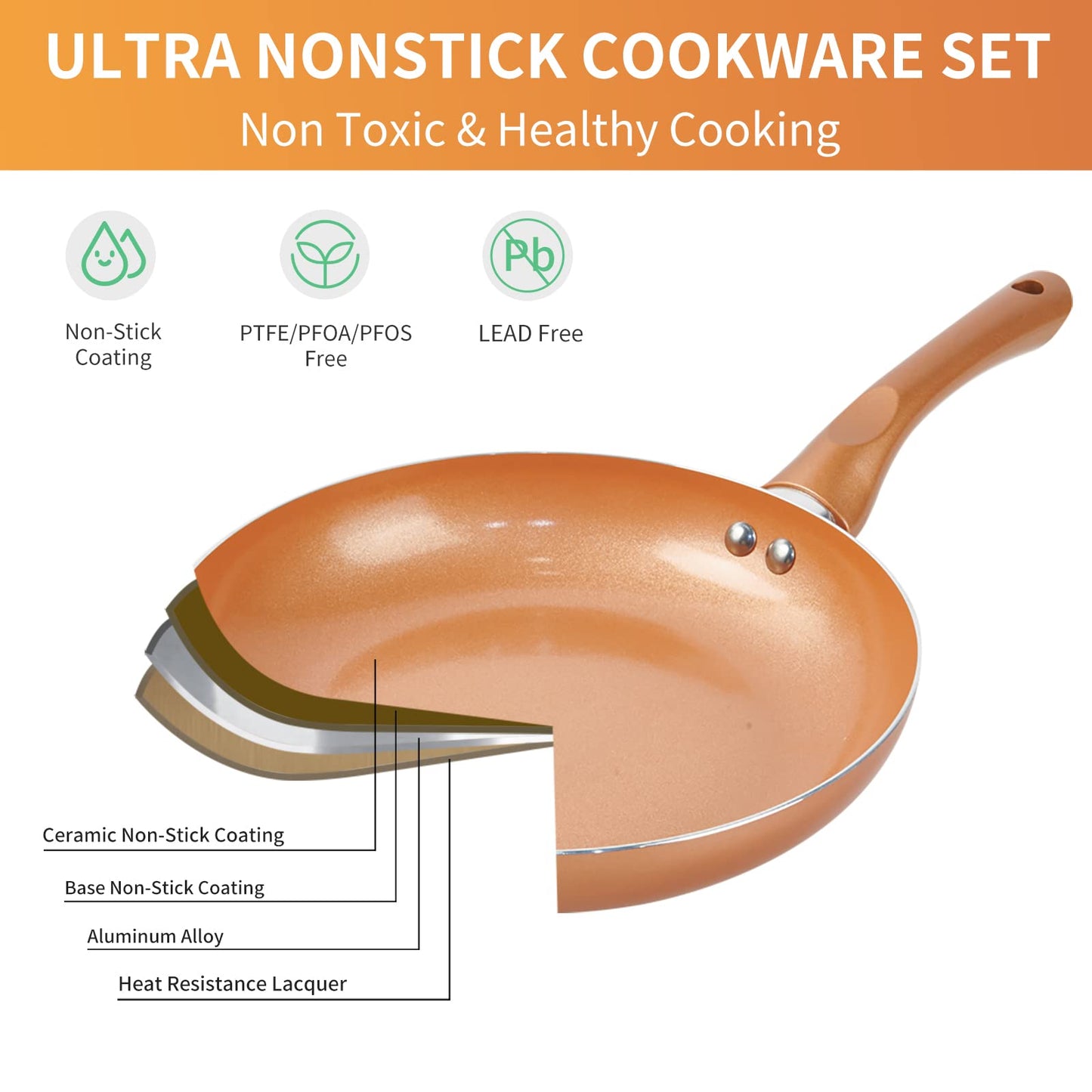 M MELENTA Pots and Pans Set Non Stick, 11pcs Ceramic Nonstick Cookware Set Induction Cookware, Pots and Pans with Frying Pan, Sauce Pan, Cooking Pot, Kitchen Utensils, 100% PFOA Free, Copper