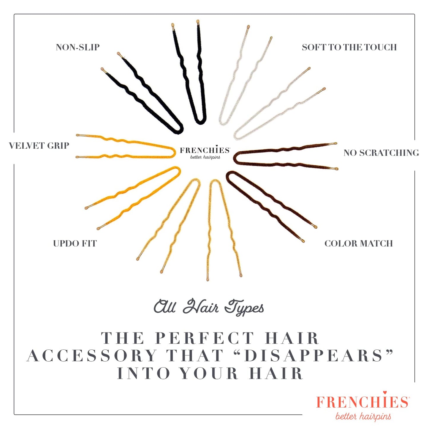 Frenchies Ultra Flocked Extra Soft French Twist Hair Pins for Women, Girls, Teens Buns, Wedding Hair Accessories, Womens Updo Hairstyles, Hair Extensions or Wig, 100 Count, Black, Large (3 inch)