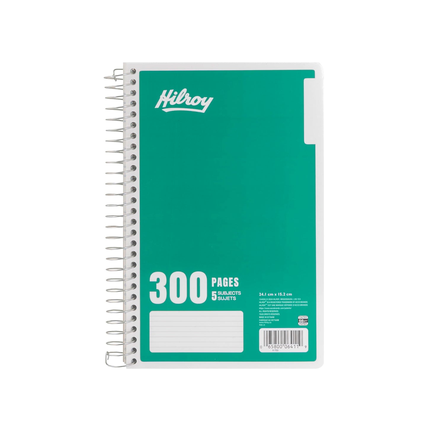 Hilroy 5-Subject Coil Notebook, 6” x 9", Wide Ruled, 300 Pages/150 Sheets, Coloured Thumb Index, Green Cover, Box of 10 (13402A)