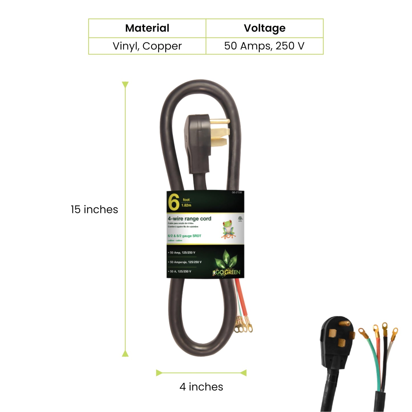 Perfpower Go Green 6-Feet 4-Feet Wire Range Cord, 50 Amp