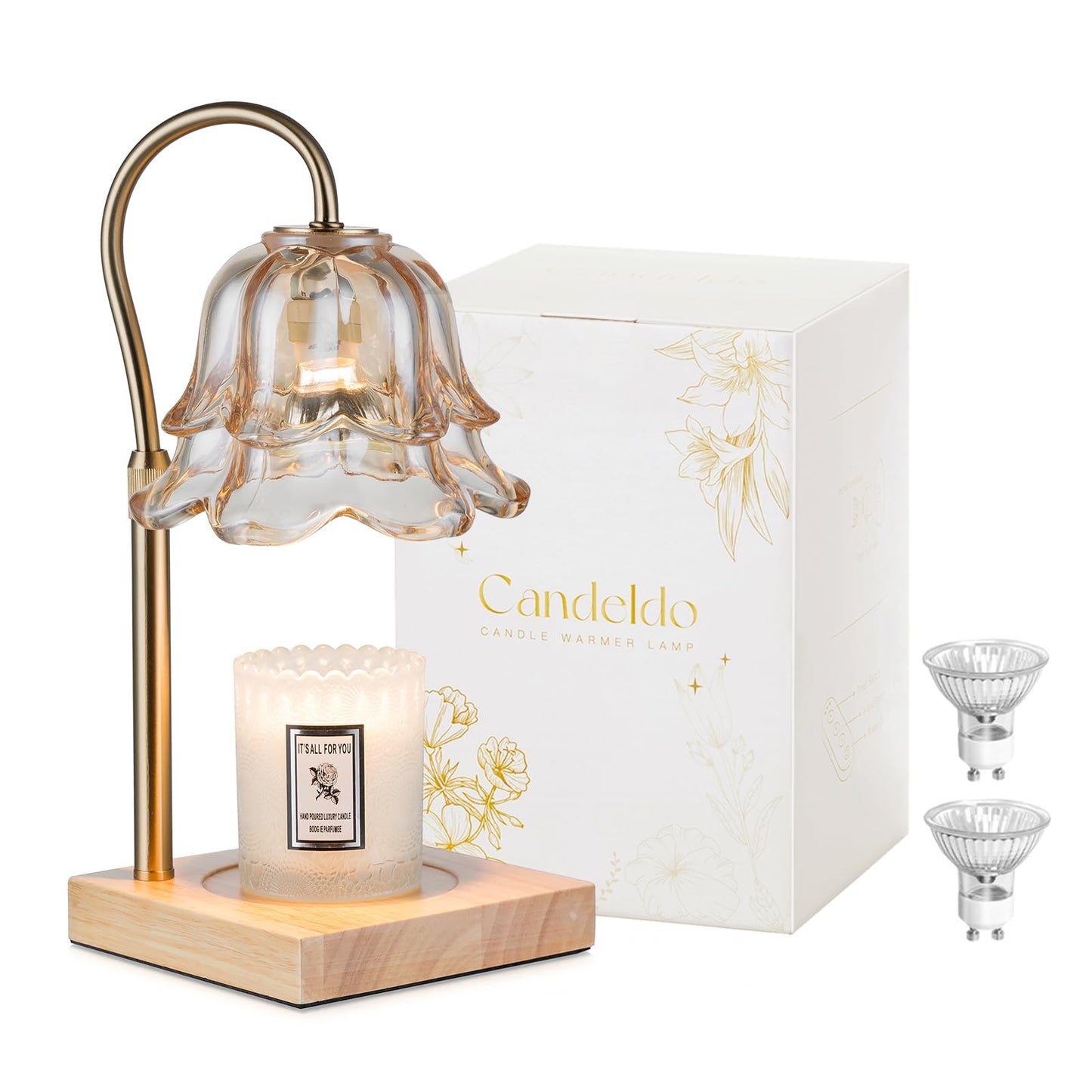 Candeldo Candle Warmer Lamp with Timer: Flower Candle Lamps with 2 Bulbs Gold Height Adjustable Wax Warmer Home Bedroom Decor House Warming Gift Mothers Day Mom Gift for Women