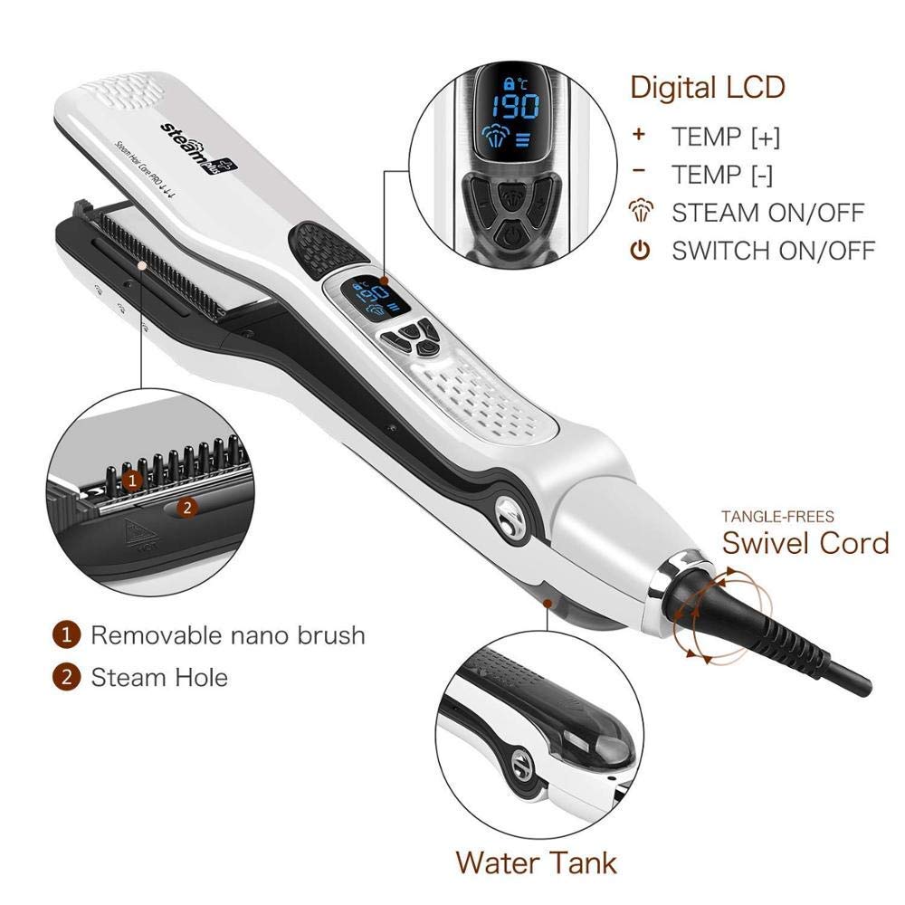 JUKEY Professional Steam Hair Straightener, Electric Fast Steam Hair Straightener Brush Titanium Ceramic Flat Iron, with Anti-Static Technology and Digital Controls Suitable for All Hair Types, White