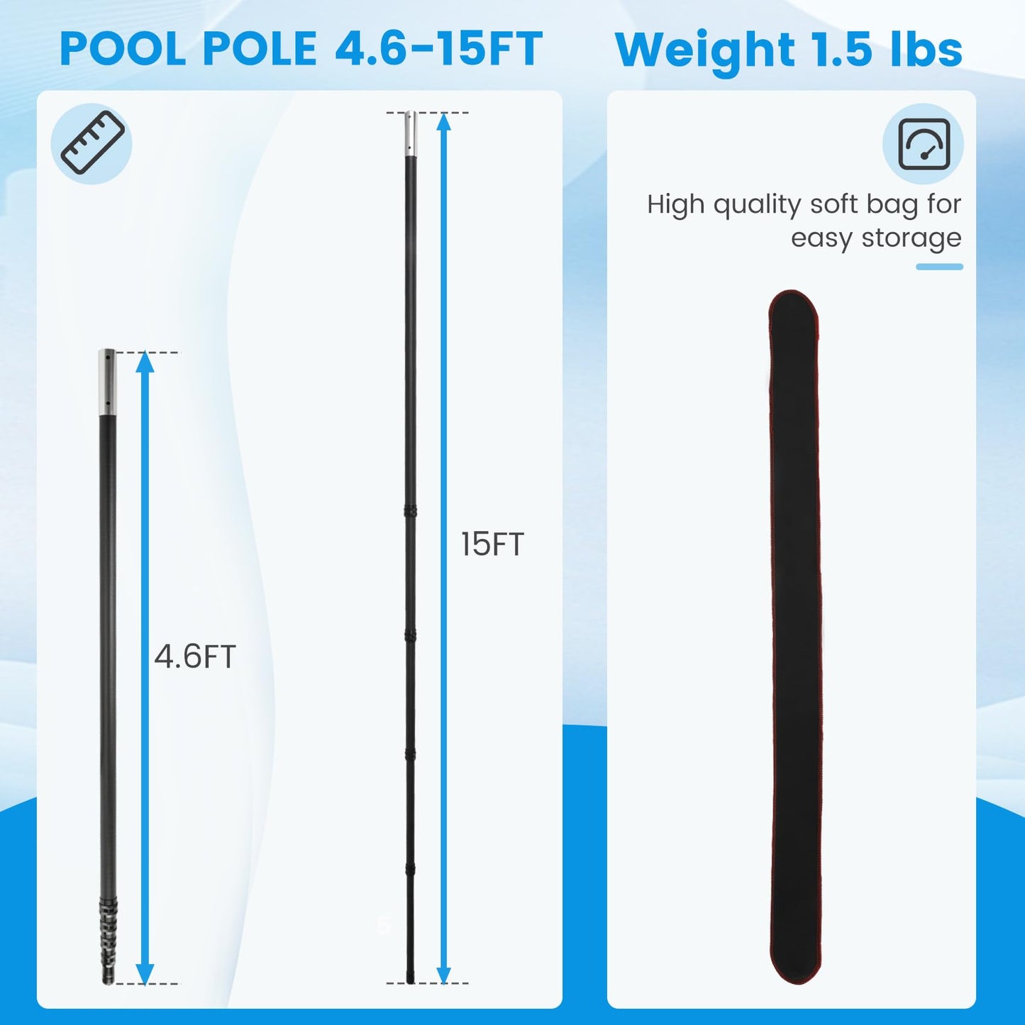๐ต๐๐ Pool Pole Carbon Fiber, Premium15FT Pool Pole telescopic 4.6 to 15 FT, Adjustable 4 Piece Extendable Pool Cleaning Pole, Professional Pool Pole fit for Brushes, Vacuum, Nets, Skimmers, Rakes