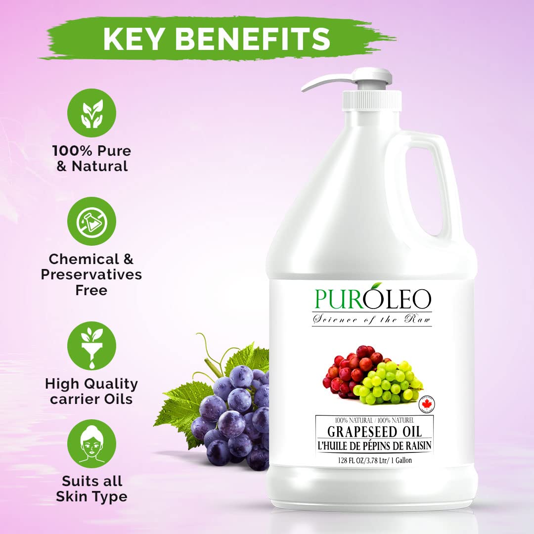 PURÓLEO Grapeseed Oil 128 Fl Oz/3784 ML (Made In Canada) 100% Natural Pure Moisturizer Carrier Oil massage oil baby oil hair oil body oil baby oil hair care Oil for hair Beauty & DIY blend
