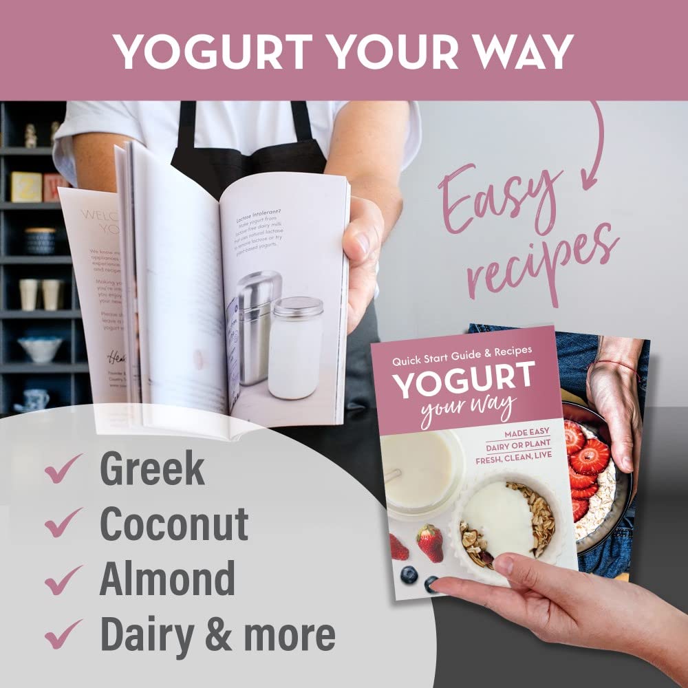 Stainless Steel Yogurt Maker with 1 Litre Glass Jar and Complete Recipe Book to Make 12+ Easy Homemade Dairy Free and Milk Yogurts
