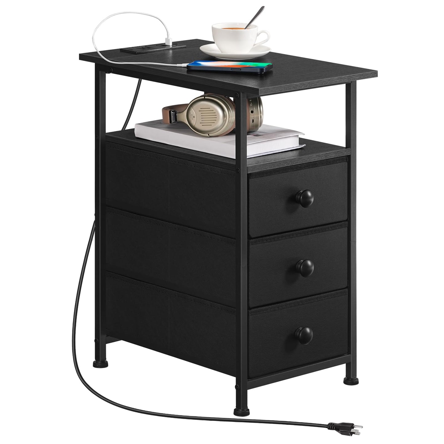 HOOBRO End Table, Narrow Side Table with Charging Station, Nightstand with 3 Non-Woven Fabric Drawers, Bedside Table for Small Spaces, for Living Room, Bedroom, Black BB483UBZ01