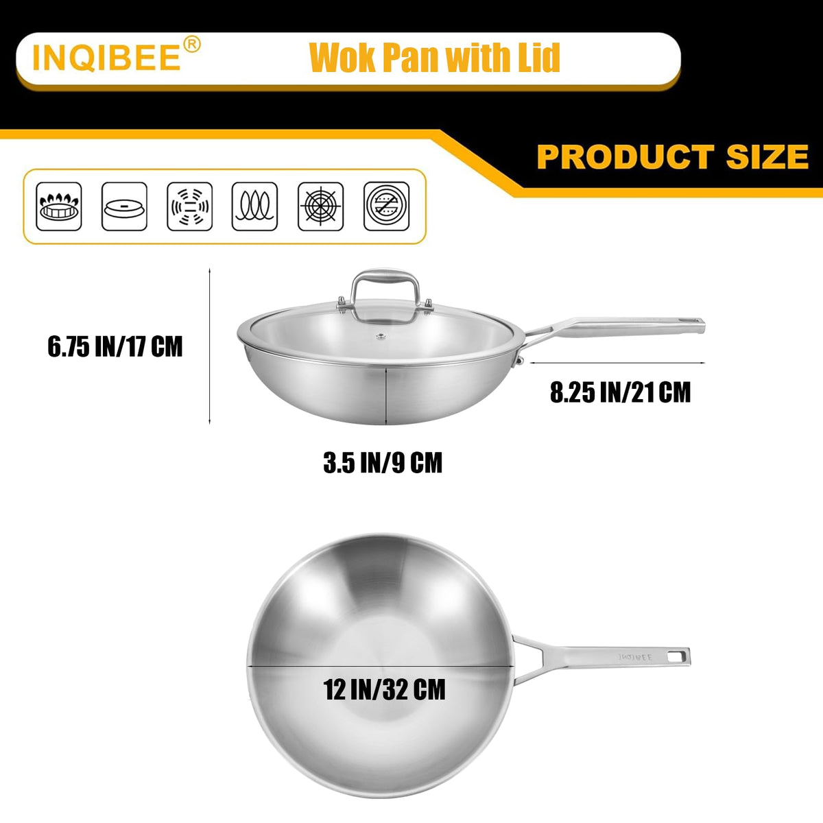 Inqibee 12-Inch Tri-ply Stainless Steel Wok Pan with Lid, Flat Bottom Stir-Fry Pan, Heavy Duty, Induction Compatible, Oven & Dishwasher Safe, Riveted Handle