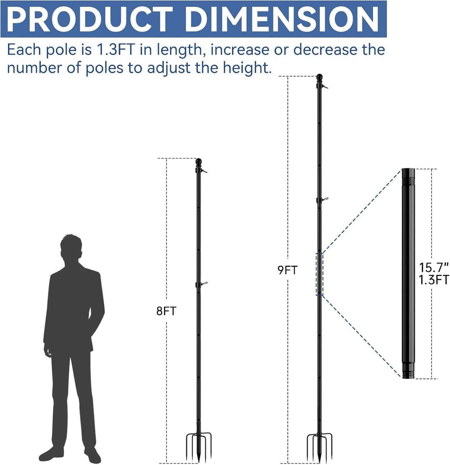 FIASON 8 FT Stainless Steel Tangle Free Flag Pole in Ground with 5 Pronges Base, Flag Poles for Outside House Residential or Commercial Flag Poles Kit(Black, Without Flag)