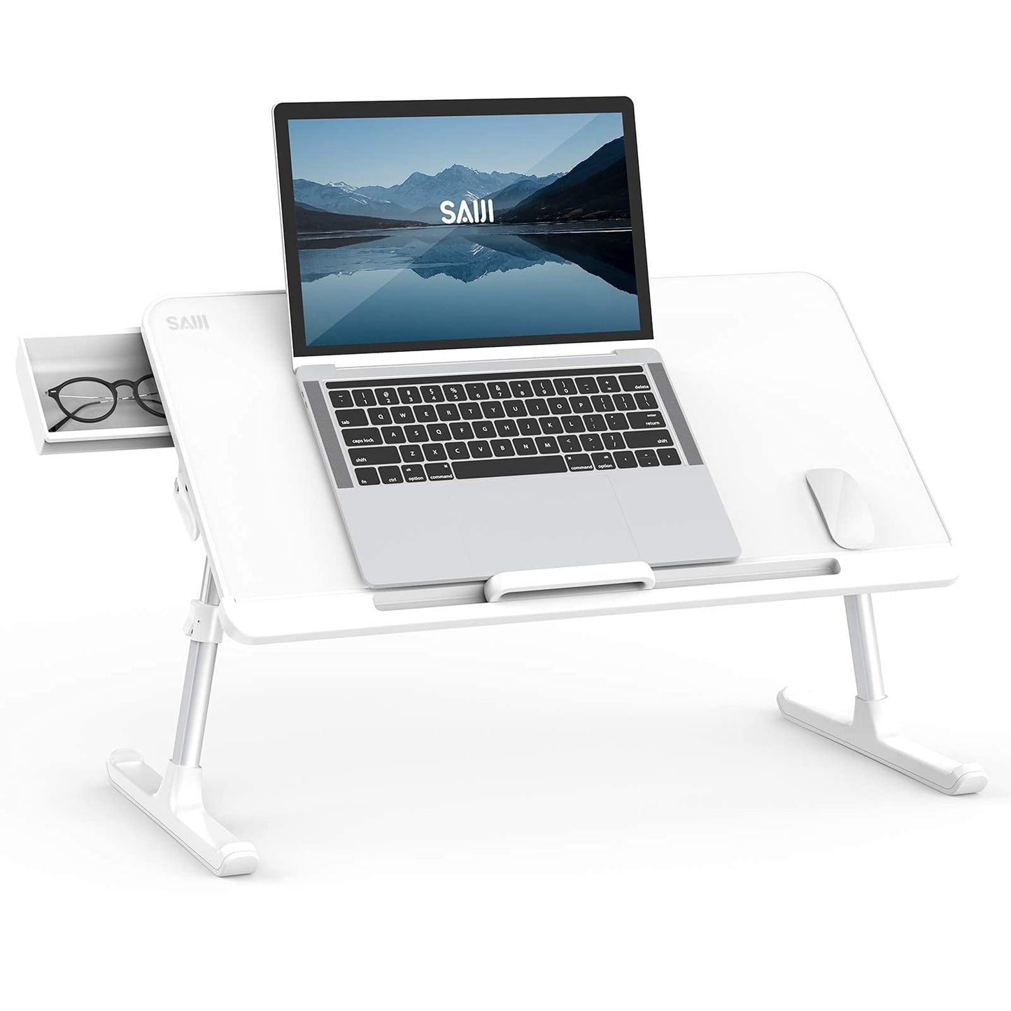 SAIJI Laptop Bed Tray Desk, Portable Table Stand with Storage Drawer, Adjustable PVC Leather, Foldable Laptop Tray for Sofa Couch Floor, 23.6 x 12.6 x 1 Inches(Large, White)