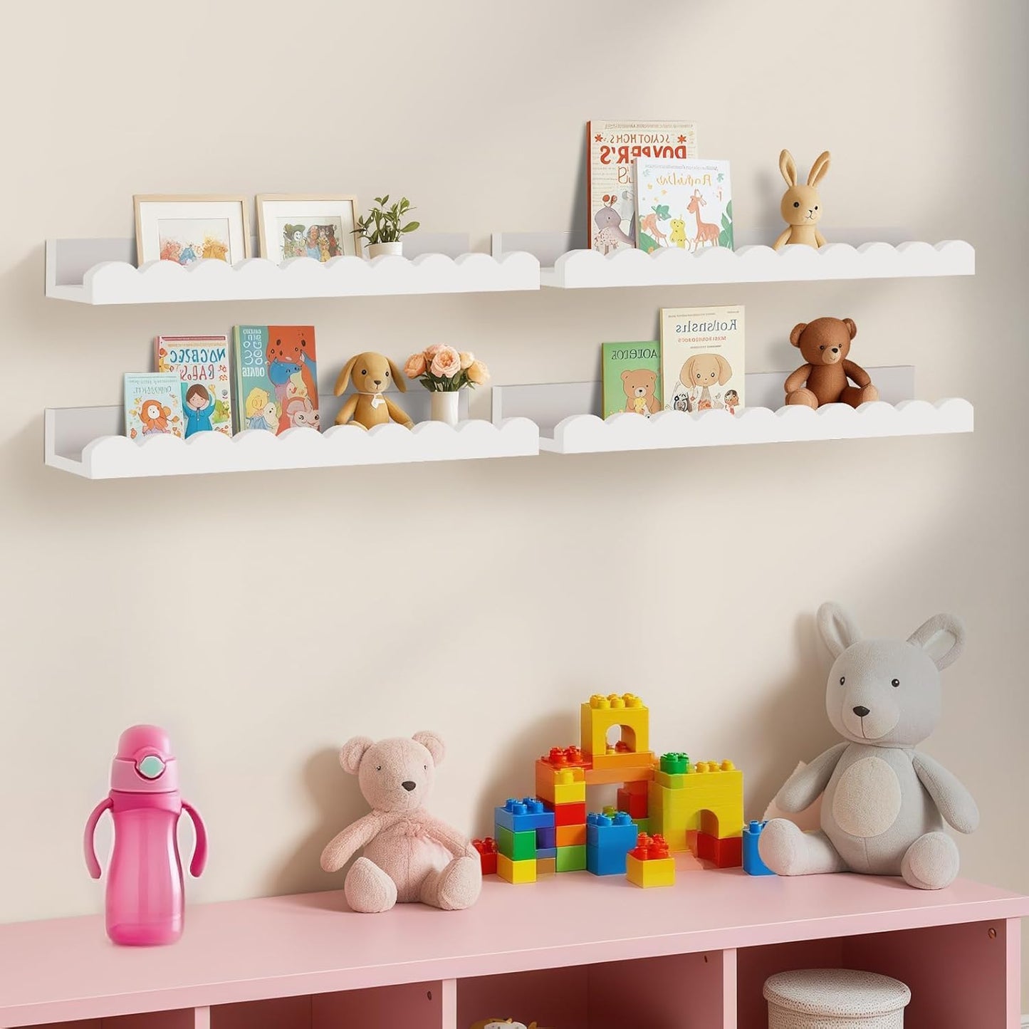 Yirilan Nursery Book Shelves, White Floating Shelves for Wall, Scalloped Shelves for Bedroom Kids, Toddler Room, Baby Room, Nursery Decor(4-Pack)