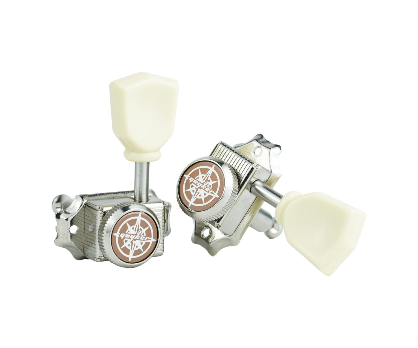 Guyker 3x3 Vintage Style Locking Guitar Machine Heads – 1:15 Ratio Lock String Nickel Deluxe Tuning Key Pegs Tuners Set Replacement for Electric, Acoustic or Folk Guitars - GK44sp, White Button