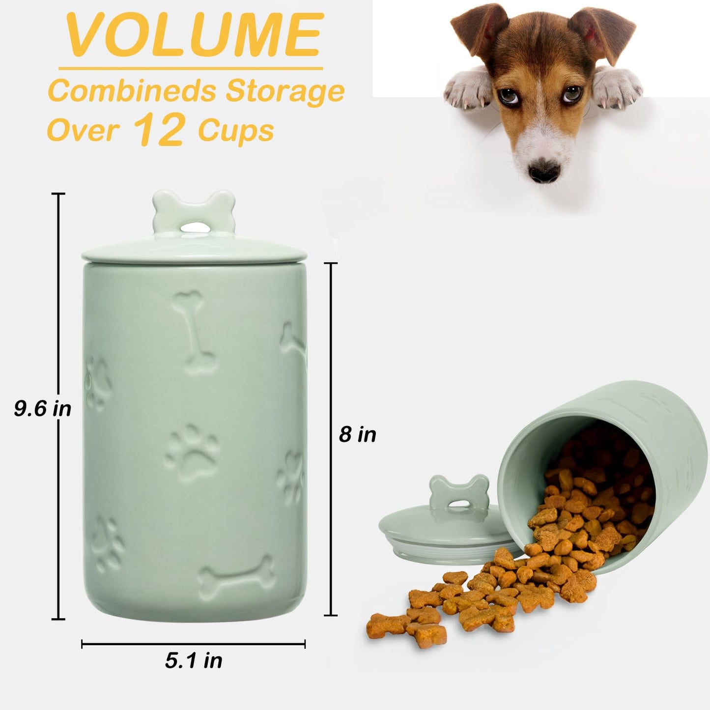 NIXBYO Dog Treat Container Airtight - 9"x5" Green Large Ceramic Dog Treat Jar for Kitchen Counter, Dog Cookie Jar with Lid - Farmhouse Style Dog Food Storage Container for Dogs, Cats, Pets