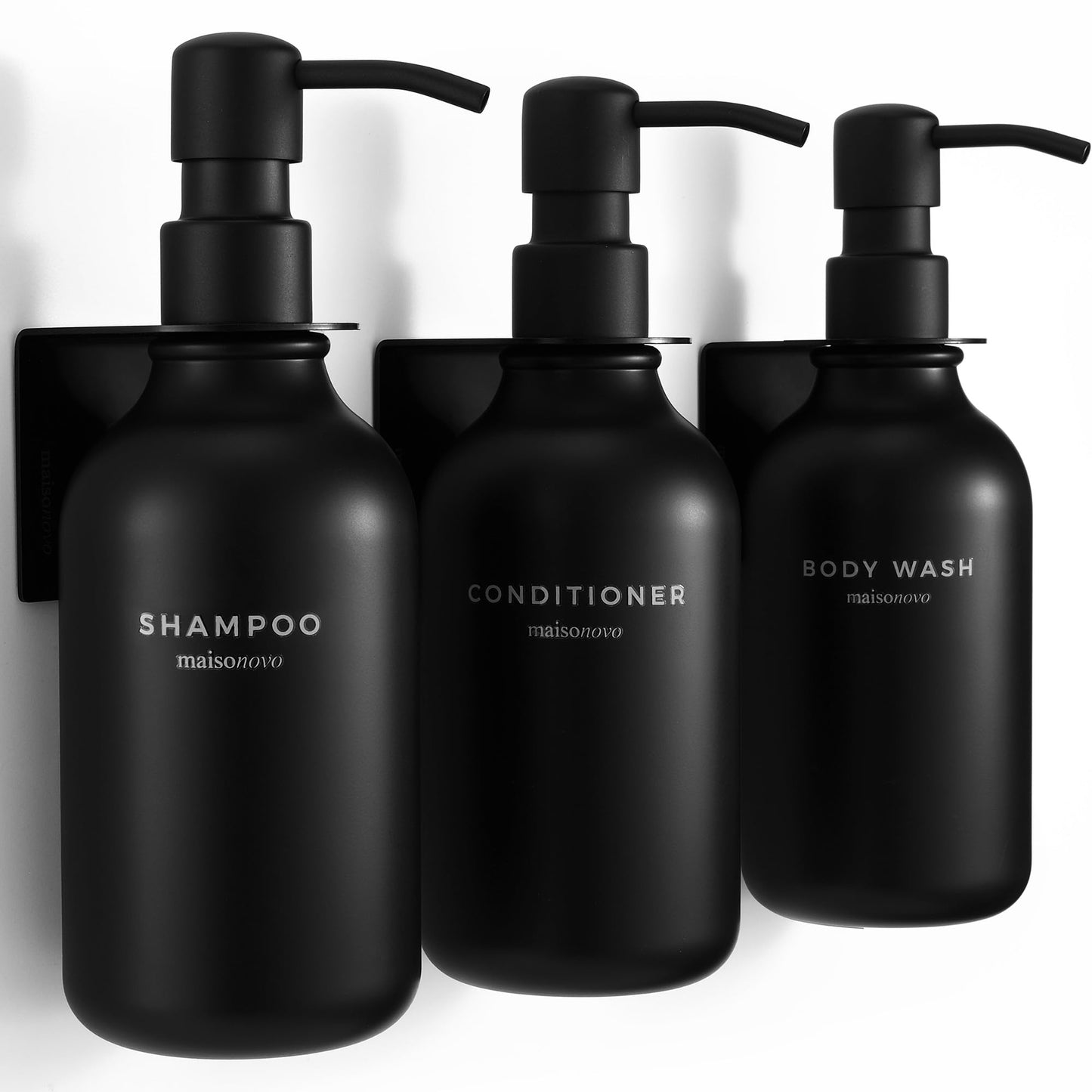 MaisoNovo Shampoo and Conditioner Dispenser with Wall Mounts | 500 ml Set of 3 Black Plastic Bottles Black Plastic Pump