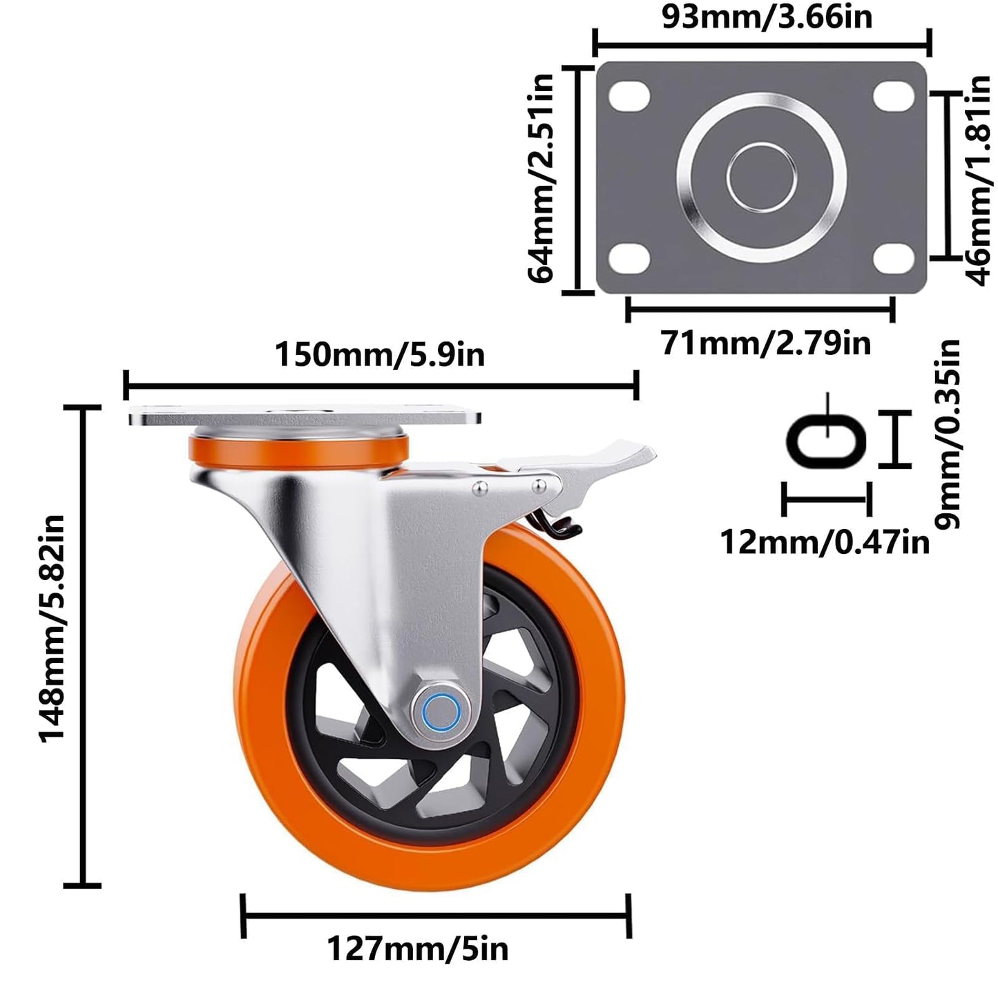 5 Inch Swivel Caster Wheels Set of 4, Heavy Duty Casters with Brake - Load 1800lbs, Polyurethane Locking Casters for Cart, Furniture, Workbench