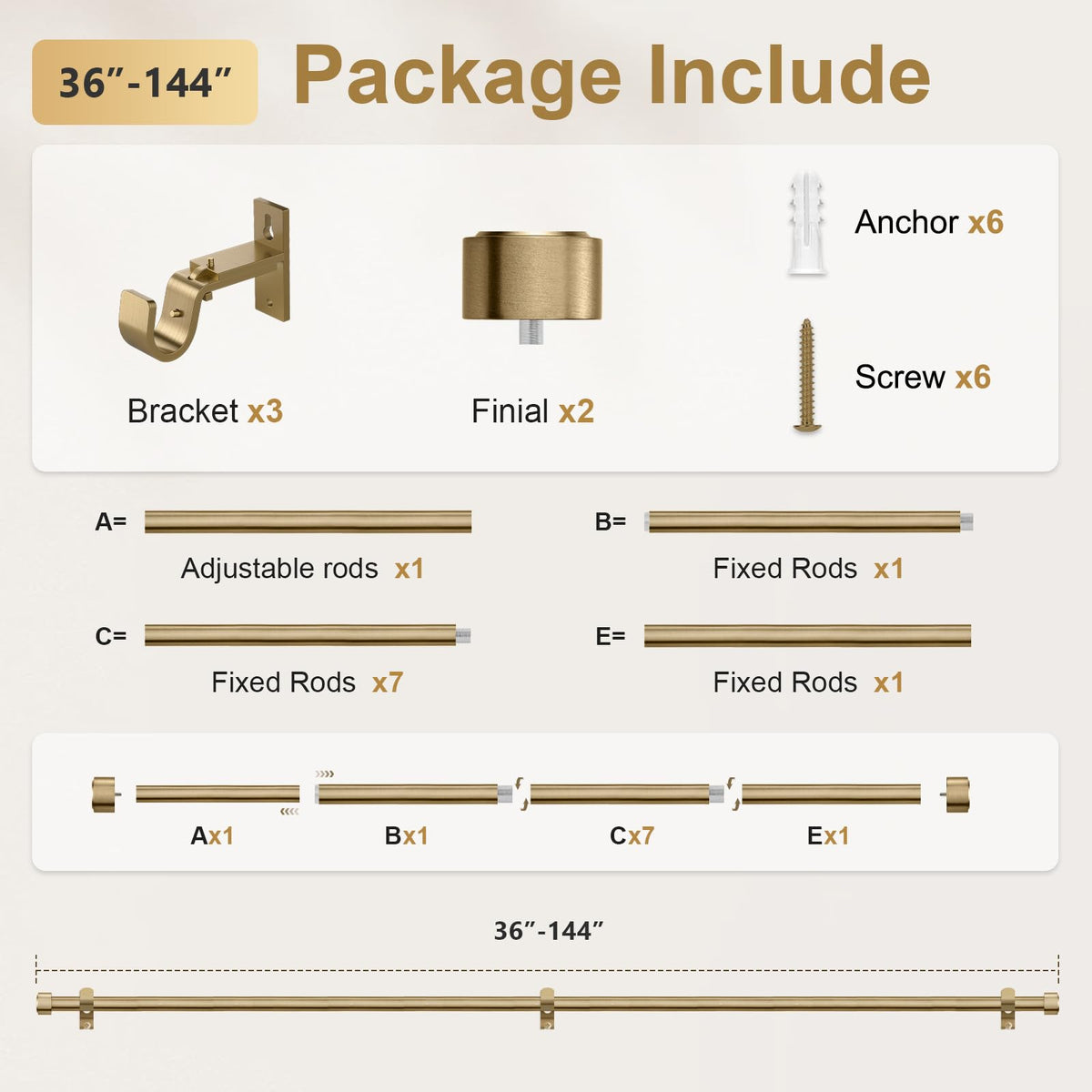 JRZOO Warm Gold Curtain Rod 36-144 Inches Adjustable, 1" Diameter Heavy Duty Window Rod with Alloy Metal Finials & New Heavy Duty Brackets for Bedroom Living Room Kitchen