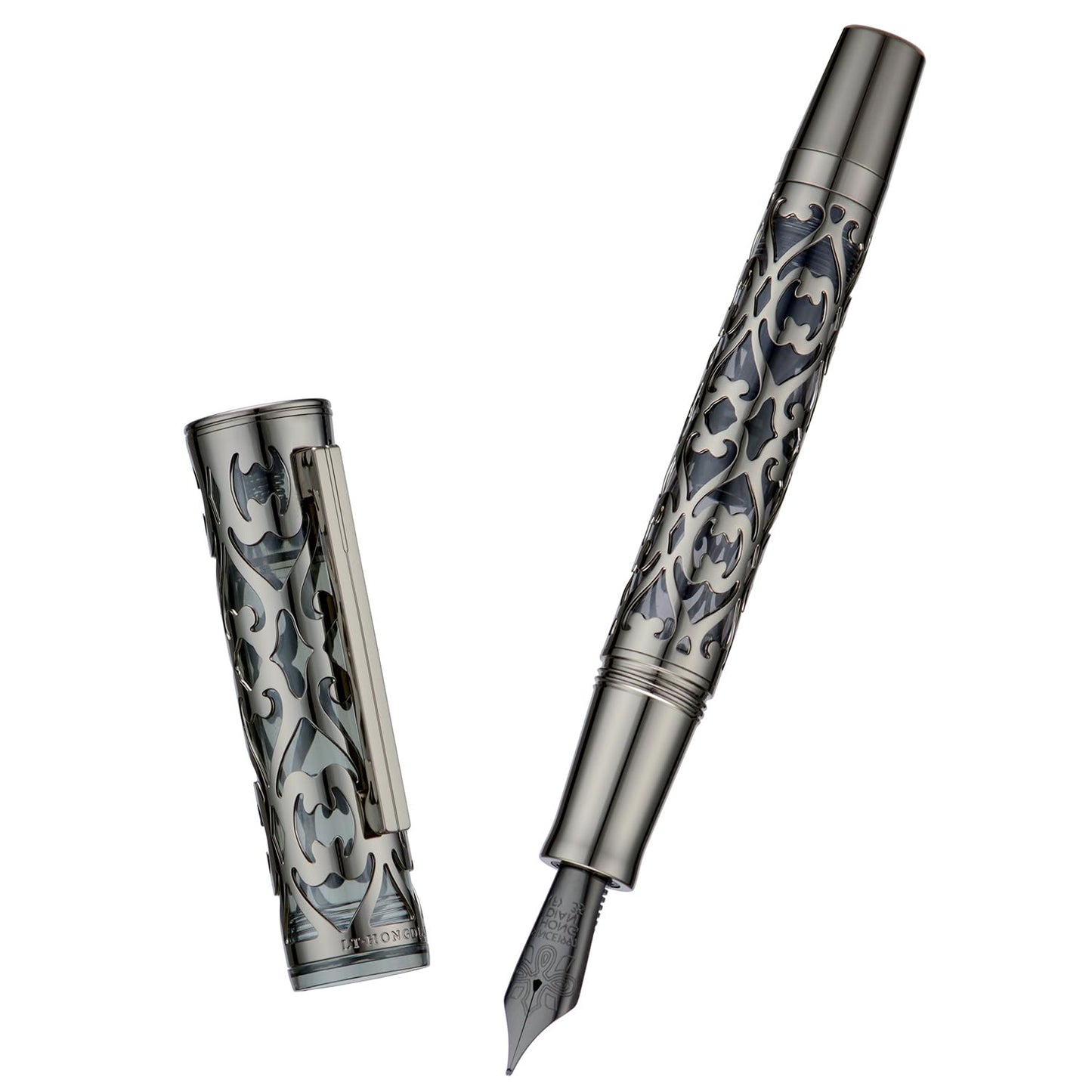 Hongdian D1 Piston Fountain Pen Fine Soft Nib, Jet Black Hollow Skeleton & Resin Pen with Metal Case Set