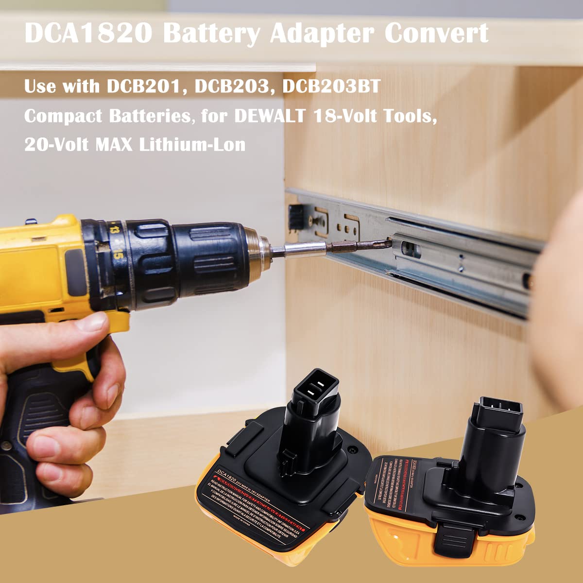 DCA1820 Adapter for Dewalt 18V to 20V, Upgraded Dewalt Battery Adapter Converter Compatible with DCB201, DCB203, DCB203BT Compact Batteries, for DEWALT 18 to 20 -Volt MAX Lithium-Lon -2 Packs