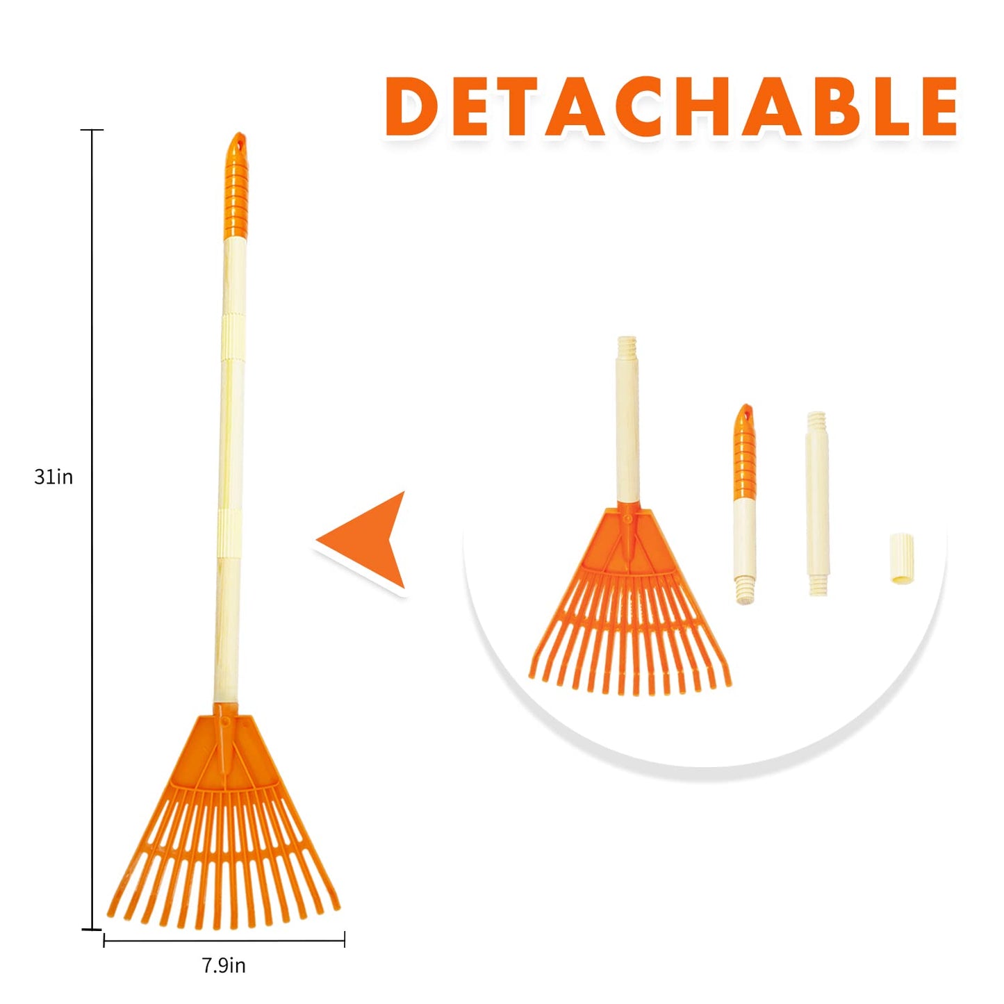 POMIKU Kids Rakes, 4 Pieces 31" Heavy Duty Lawn Tool for Leaves, Child Size, Plastic Head & Wooden Handle, Gardening Tools for Boys Girls Gifts Age 3 Year Old and Up