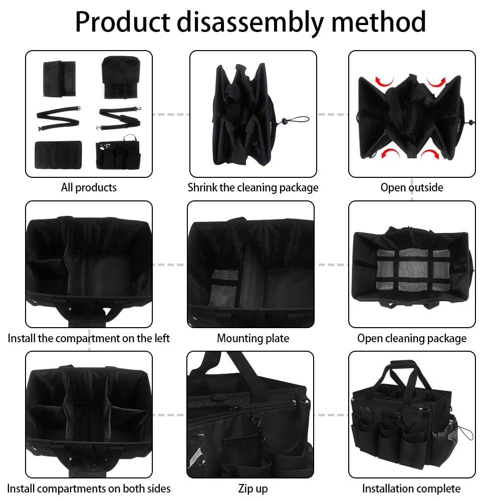 Cleaning Bags for Housekeepers, Large Cleaning Supplies Organizer with Handles & Shoulder Strap, Cleaning Caddy Bag with Foldable Divider for Cleaners, Car Horse Clean Bag (Black)