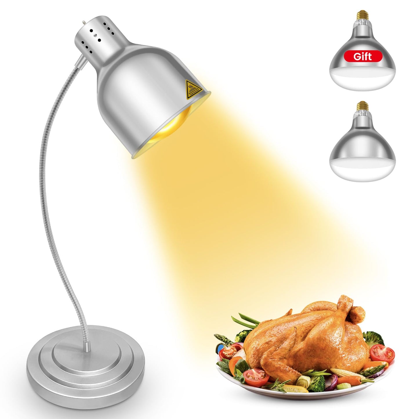 Carivia Food Heat Lamp, Commercial Food Warmer Lamp Includes 250W Infrared Bulb, 110V Stainless Steel Heat Lamps for Food Warming in Restaurant, Buffet, Catering, Home (Silver, 2 Bulbs)
