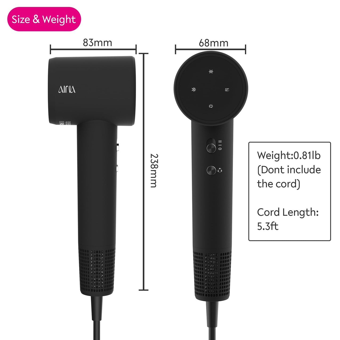 AINA Hair Dryer, BLDC Blow Dryer - Brushless Motor, 110,000 RPM Lightweight, Ionic Travel 110V/ALCI Plug(Vader Black)