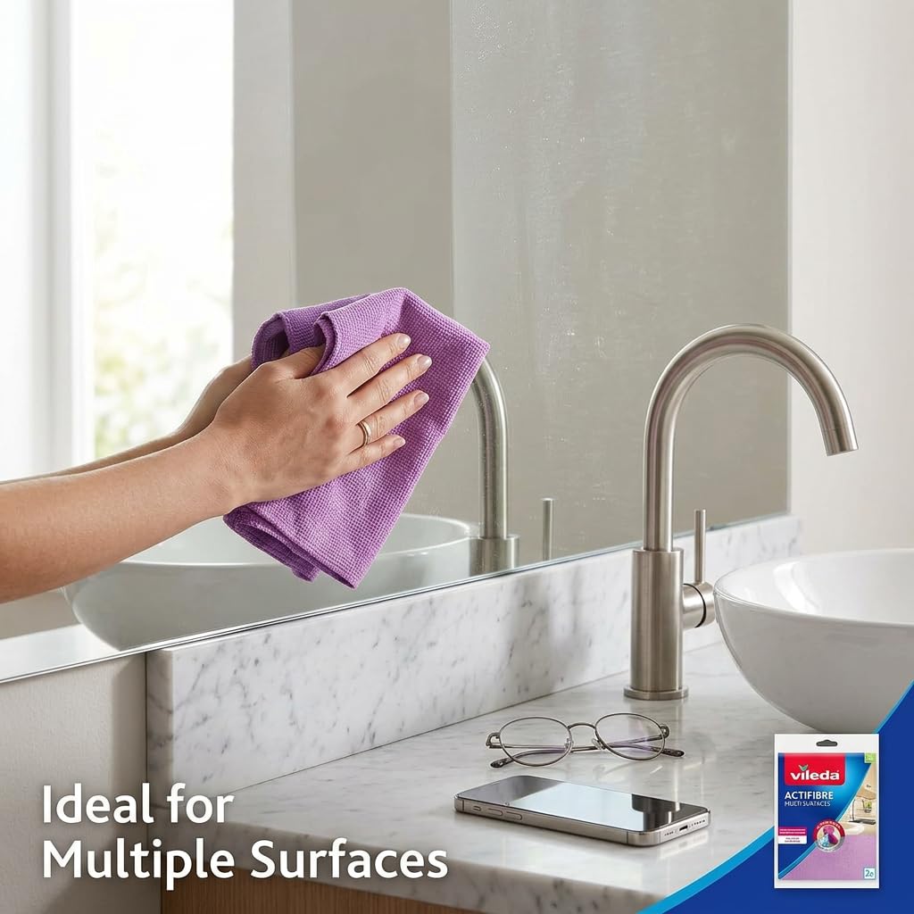 Vileda Actifibre Multi-Surface Microfibre Cloth 2ct (Pack of 12) | Streak-Free Shine | Use on Windows, Mirrors, Stainless Steel | Reusable & Machine-Washable