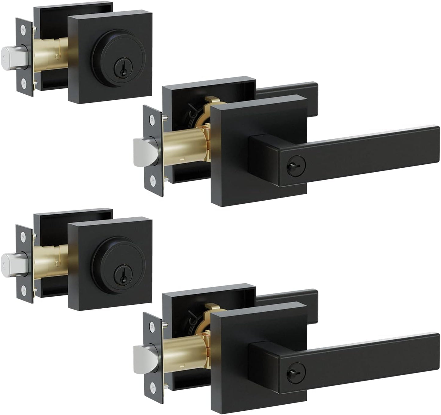 Hidalife 2 Pack Keyed Entry Door Handle and Single Cylinder Deadbolt Combo,Heavy Duty Square Door Lock Set for Office and Home Security, Reversible for Right and Left Side, Matte Black