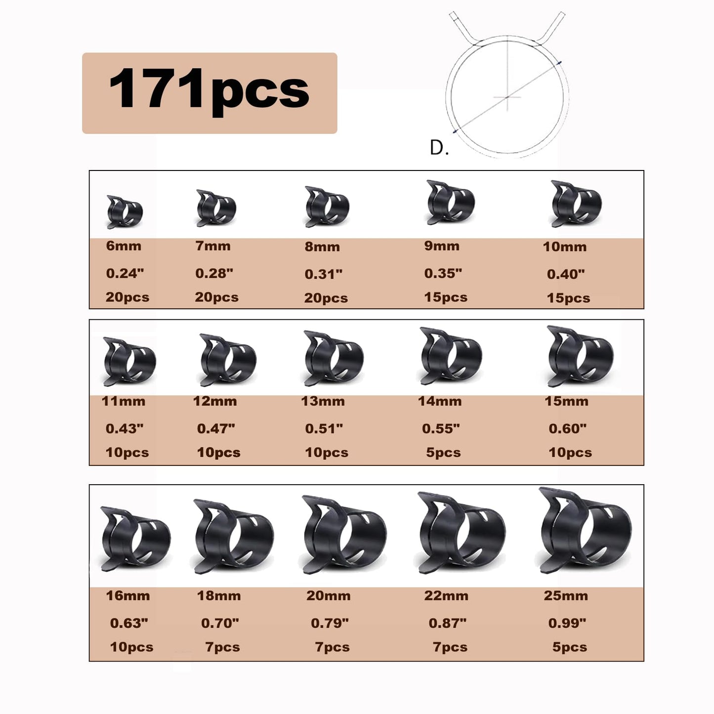 171Pcs 6-25mm Spring Band Hose Clamps With Swivel Flat Plier 15 Sizes Assortment Kit, Fuel Line Silicone Vacuum Hose Steel Clip Clamp,Low Pressure Air Pipe Fasteners In Automotive, Marine, Gardening