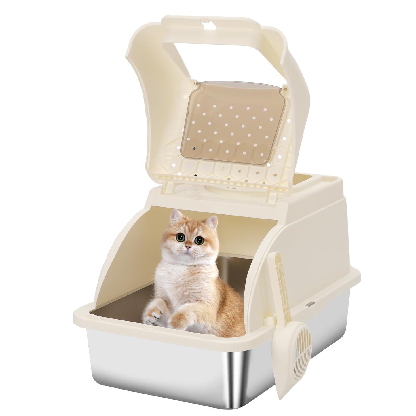 Stainless Steel Cat Litter Box with Lid, XXL Large Enclosed High Sided Litter Box with Removable Lid, Easy Cleaning, Anti-Urine Leakage for Big Cats White