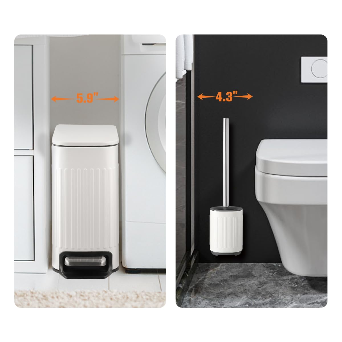 TrashAid Bathroom Trash Can with Toilet Brush - 6 Liter / 1.6 Gallon Bathroom Trash Can with Lid Soft Close + Silicone Toilet Brush and Holder Set, White Bathroom Accessories, Set of 2