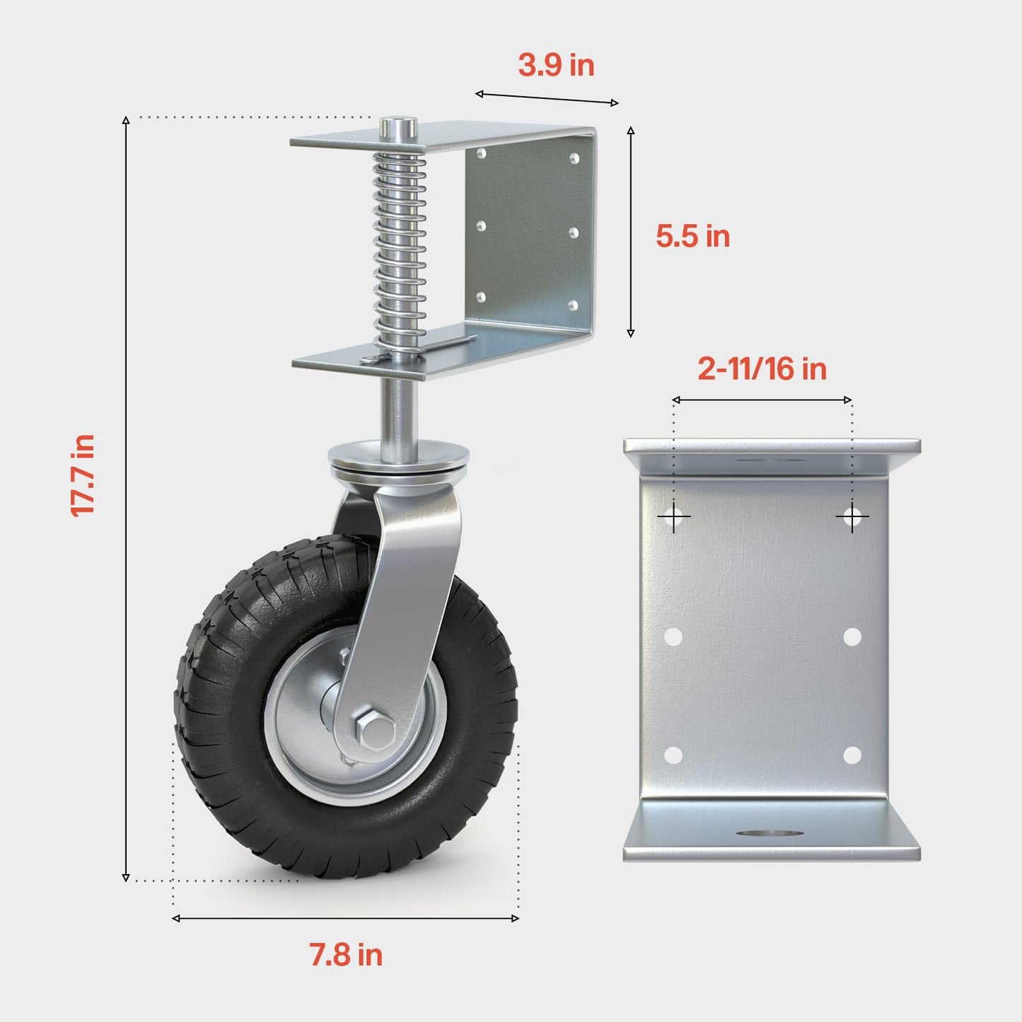 Heavy Duty Fence Gate Wheel - 8-inch Gate Wheels for Wooden or Metal Gate - Spring Loaded Gate Caster Wheel with Suspension for Swing or Rolling Gate Support - Flat Free Tire - 360 Degree Swivel