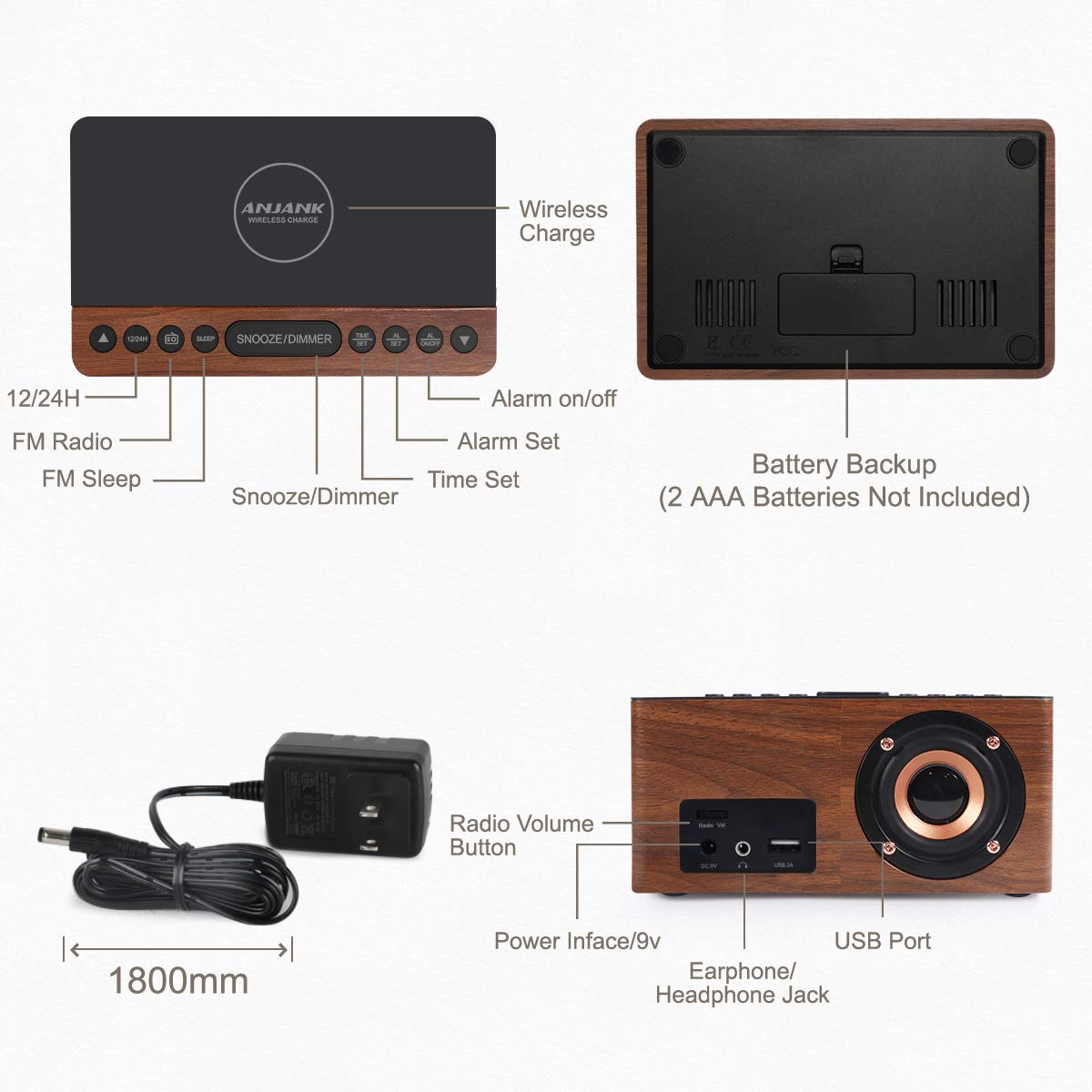ANJANK Wooden Digital Alarm Clock FM Radio for Bedrooms,10W Fast Wireless Charger Station for iPhone/Samsung Galaxy, 5 Level Dimmer, USB Charging Port, 9 Wake up Sounds, Sleep Timer, Snooze, Bedside