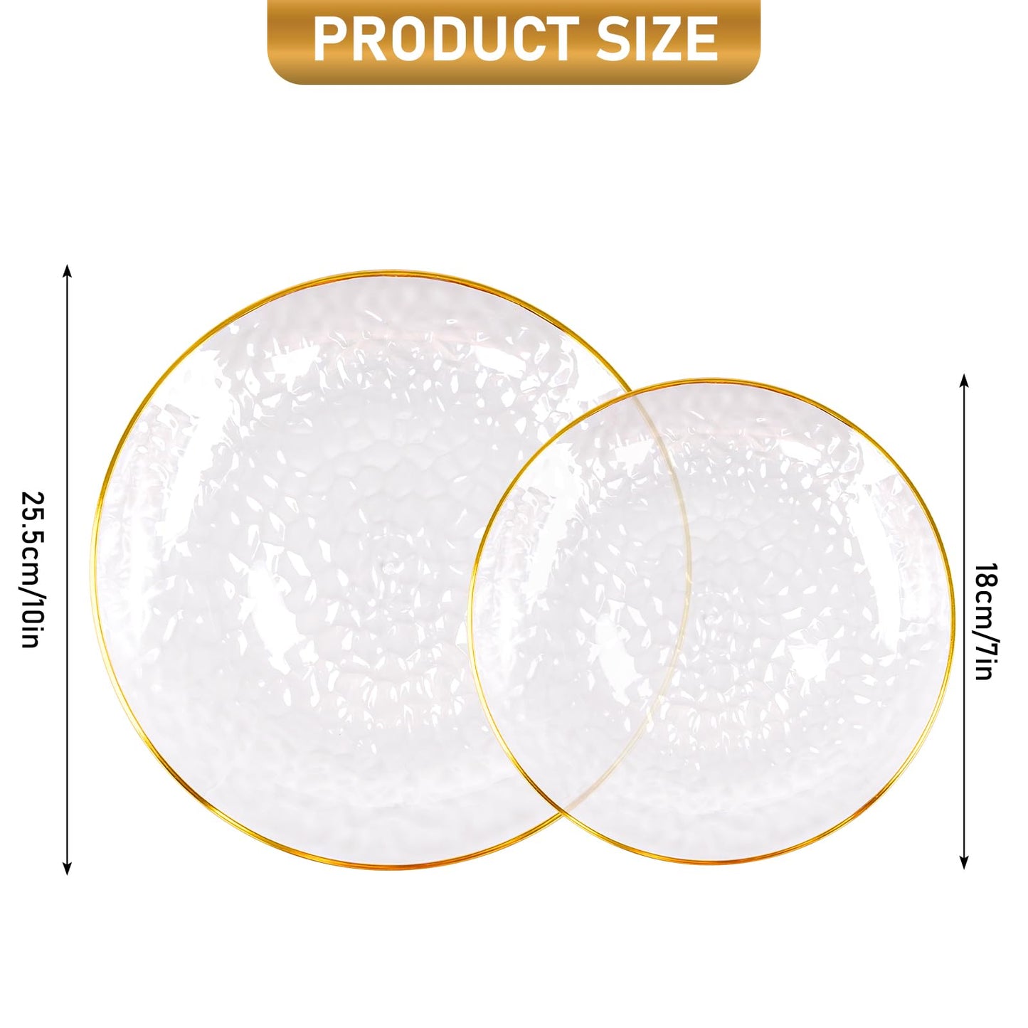 100 Pcs Hammered Plastic Plates with Gold Rim, Clear Plastic Plate 50 Disposable Heavy Duty 10 Inch Dinner Plates 50 Round 7 Inch Dessert Salad Plate for Party Wedding