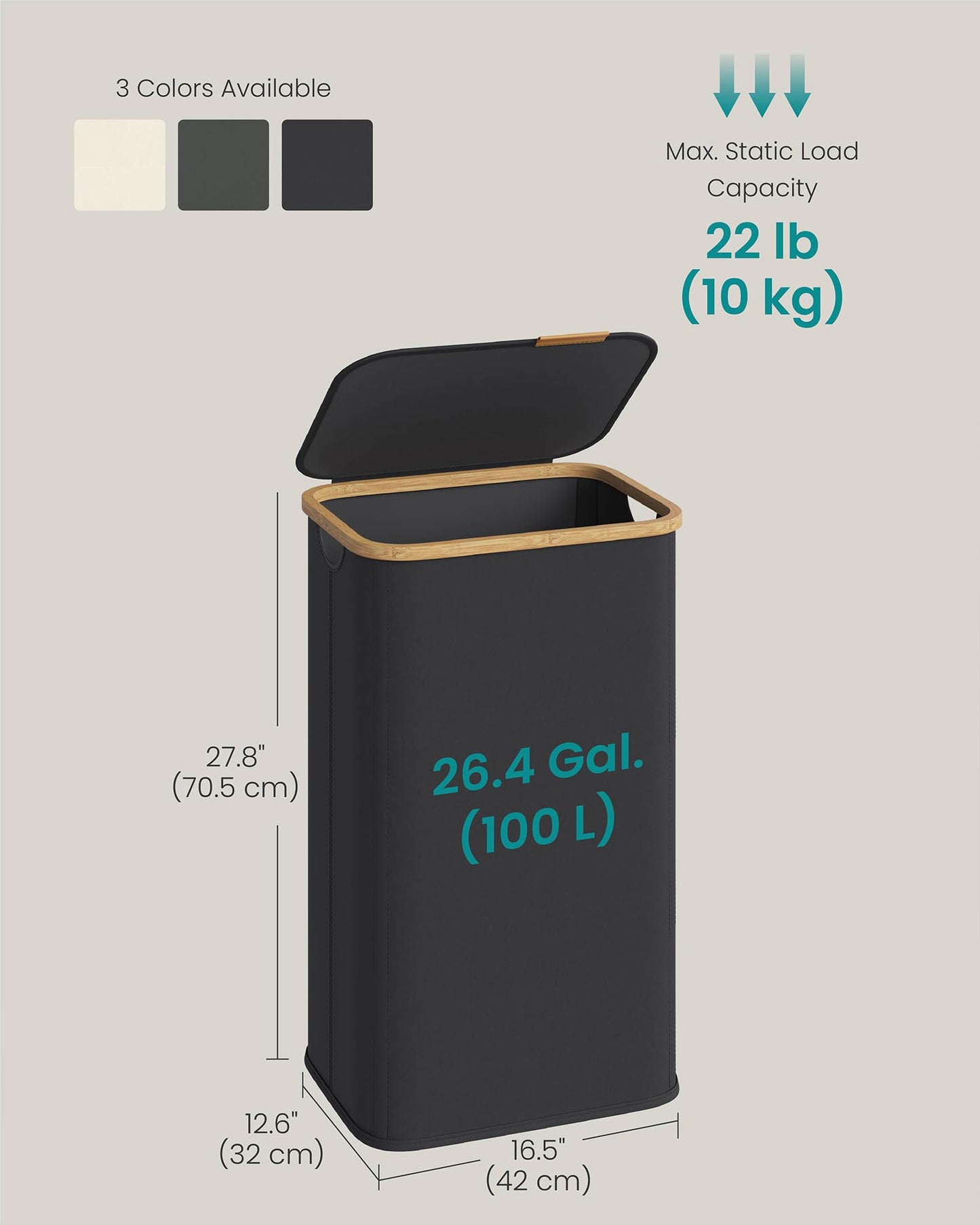 SONGMICS Laundry Hamper, Slim Laundry Basket with Lid, Foldable Storage Basket, Bamboo Frame, for Bedroom, Living Room, Oxford Fabric, 26.4 Gal. (100 L), Ink Black ULCB518BH01