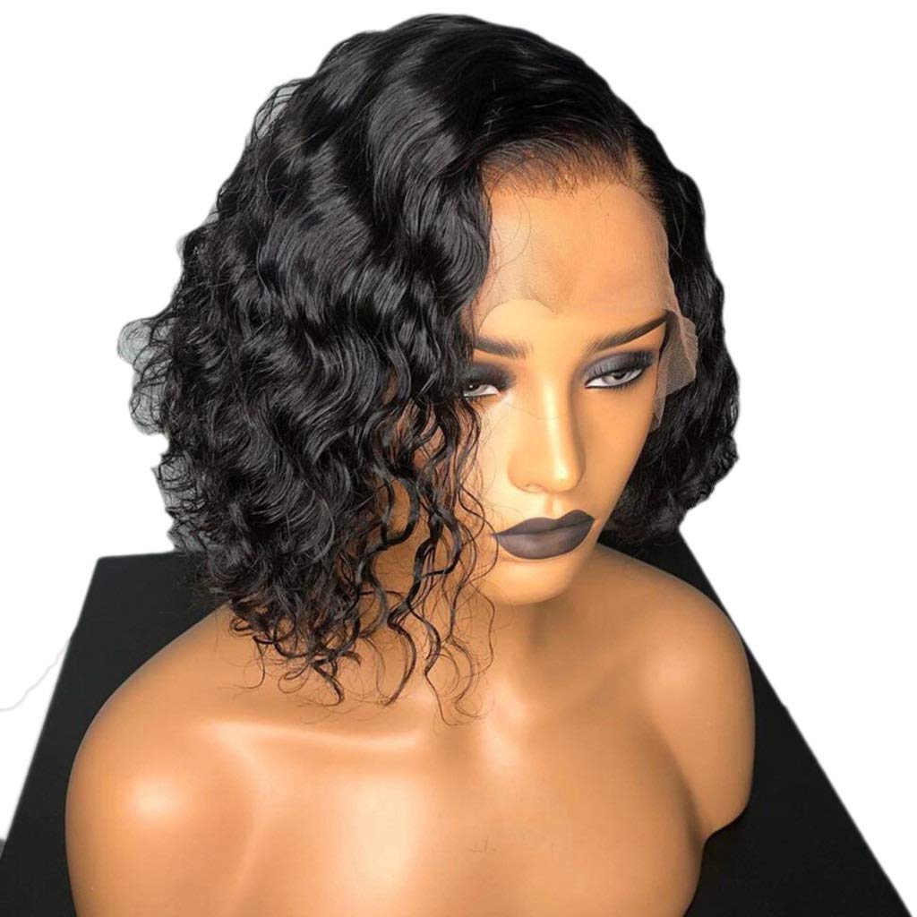 SINGLEBEST Curly Water Wave Bob Human Hair Wigs Brazilian Virgin Hair 130% Density Glueless Lace Front 4x4 Closure Wig for Women Natural Color 10inch